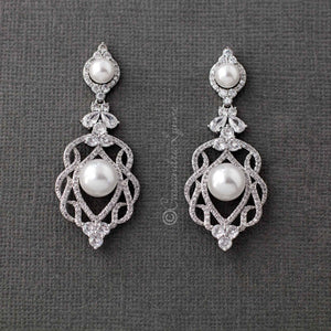 CZ Bridal Art Deco Earrings with Pearl
