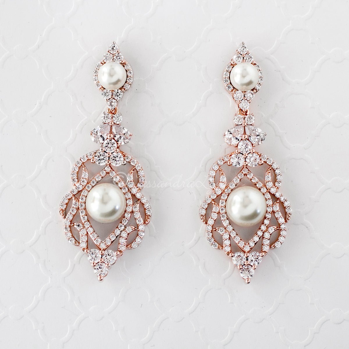 CZ Bridal Art Deco Earrings with Pearls Rose Gold