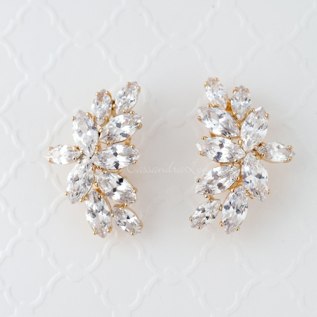 CZ Bridal Earrings of Marquise Leaf Clusters - Earrings - Cassandra Lynne