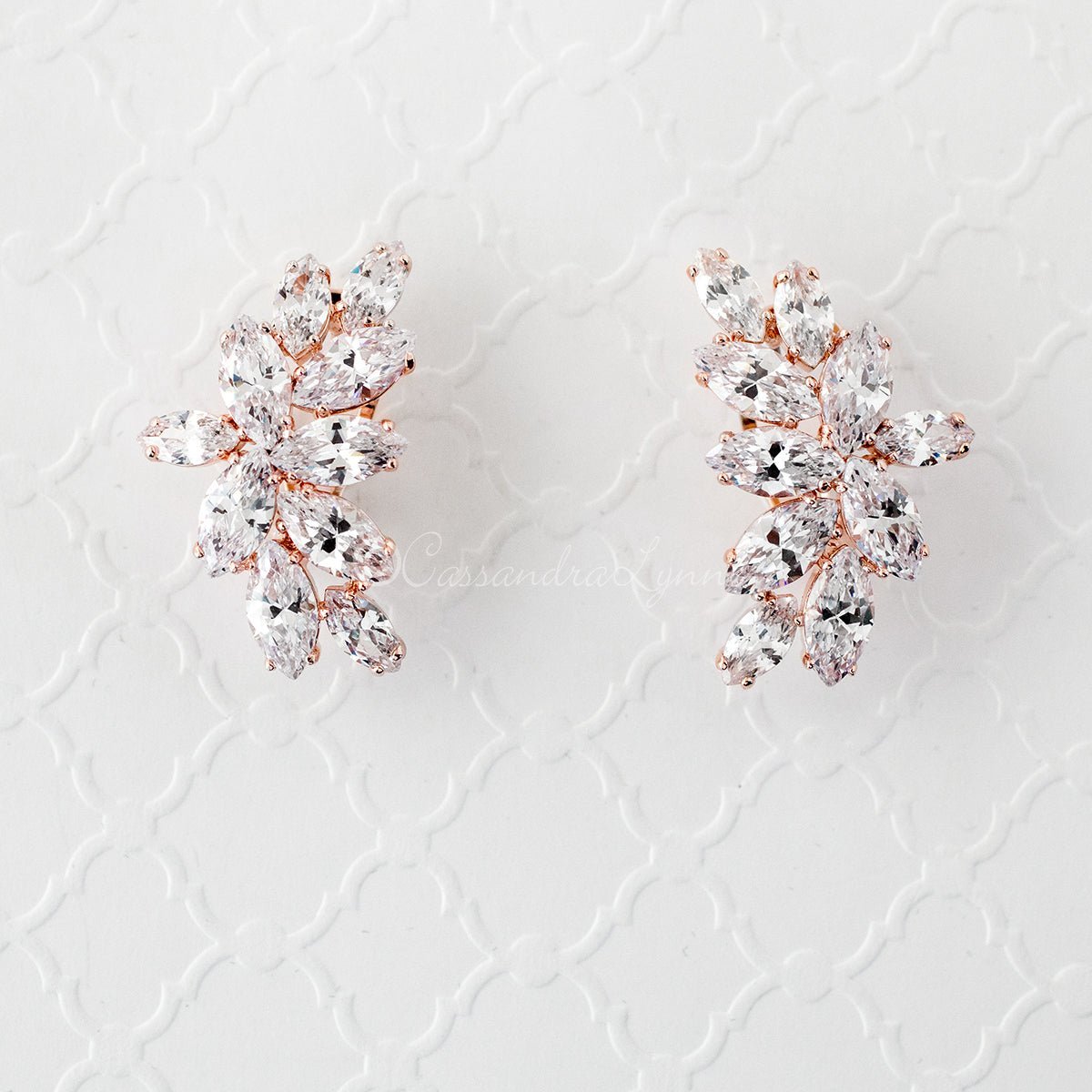CZ Bridal Earrings of Marquise Leaf Clusters - Earrings - Cassandra Lynne