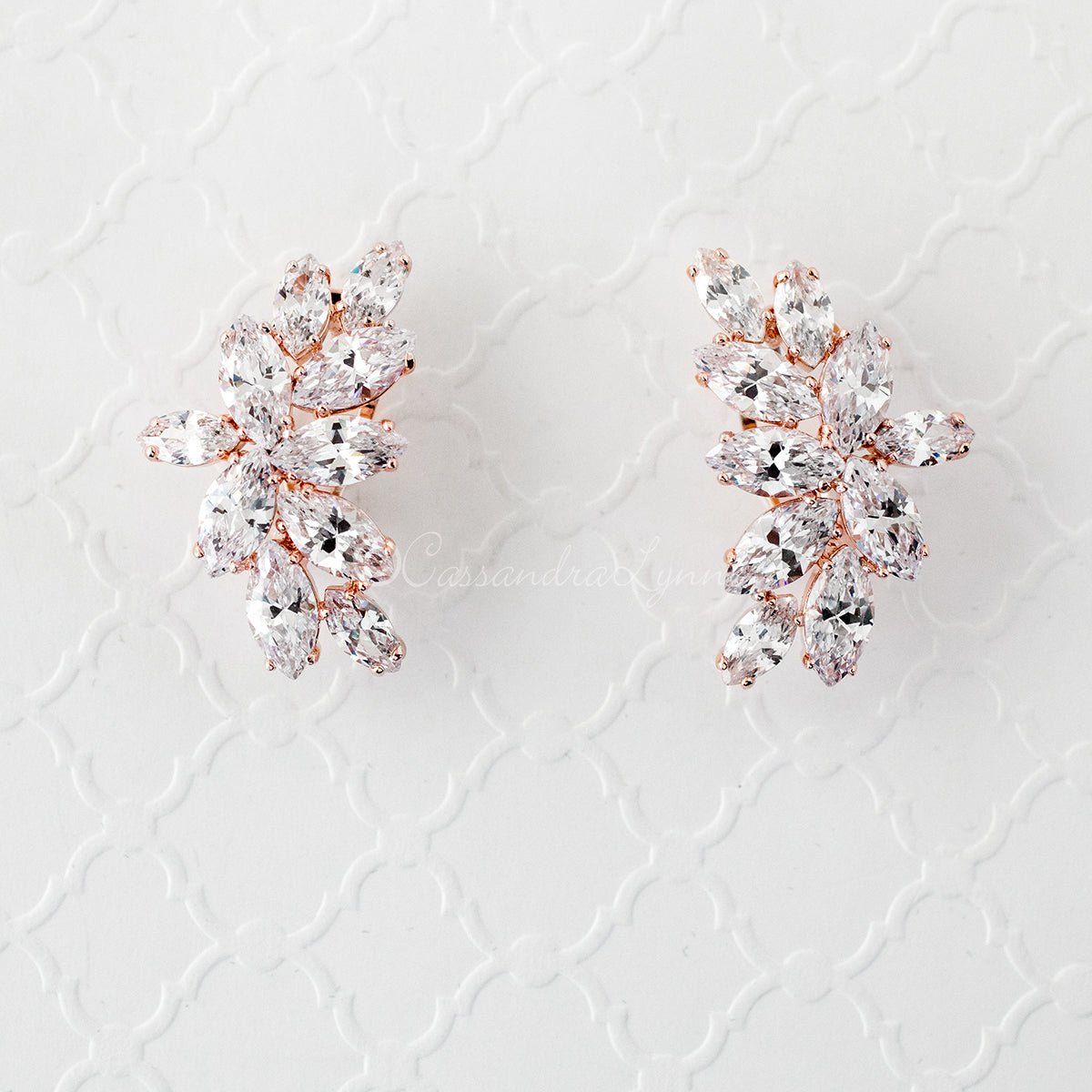 CZ Bridal Earrings of Marquise Leaf Clusters Rose Gold