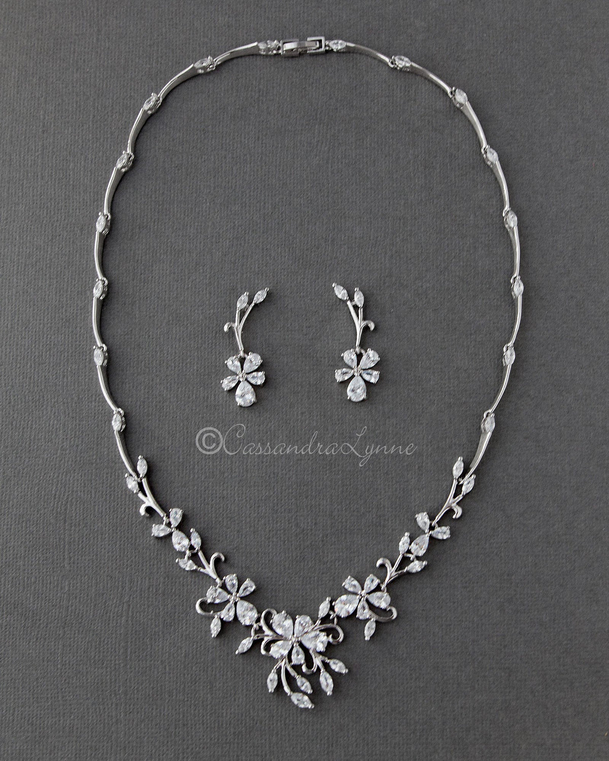 CZ Bridal Necklace Set of a Teardrop Flowers Vine - Cassandra Lynne