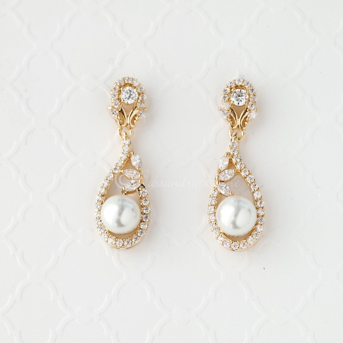 CZ Drop Earrings with Pearls for the Bride - Earrings - Cassandra Lynne