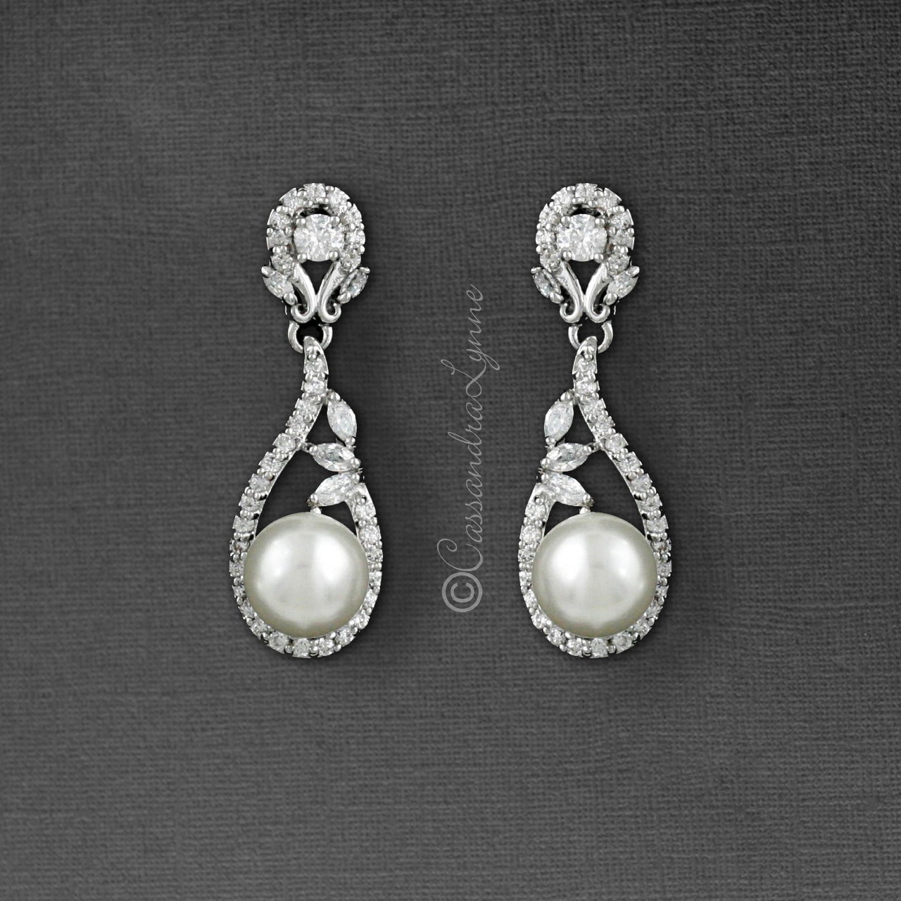 CZ Drop Earrings with Pearls for the Bride - Earrings - Cassandra Lynne