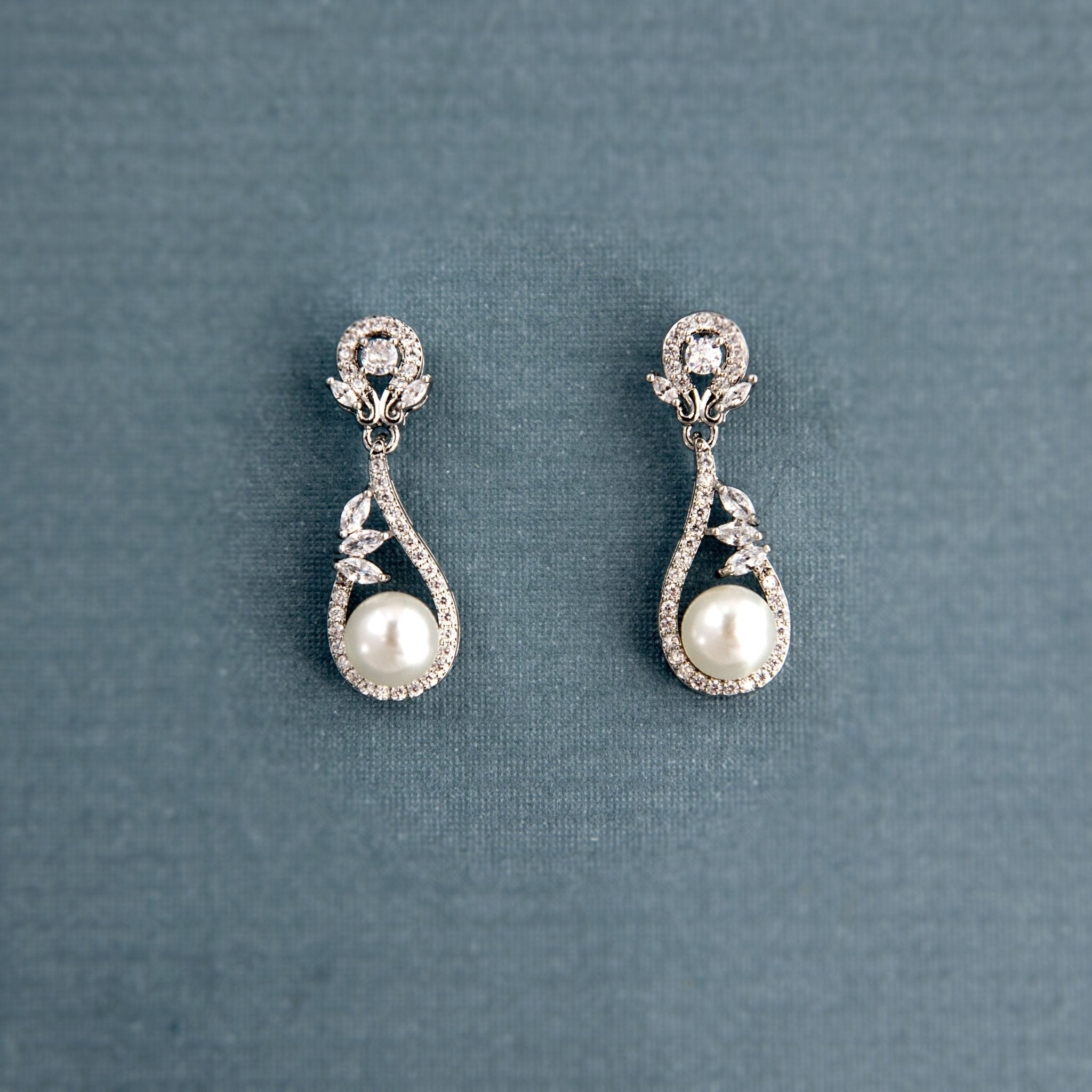 CZ Drop Earrings with Pearls for the Bride - Earrings - Cassandra Lynne