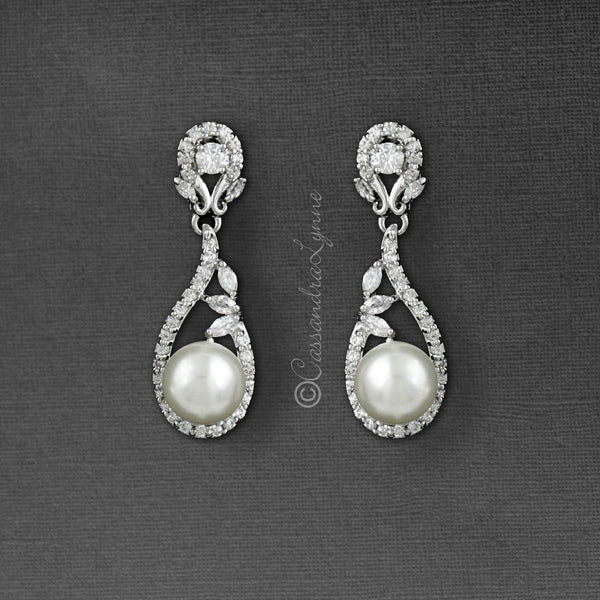 Wedding Day Bridal Earrings Cubic Zirconia and Pearl - Cassandra Lynne