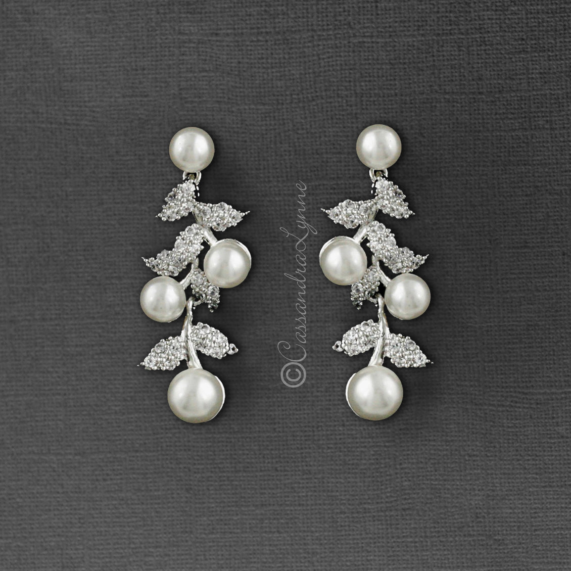 CZ Leaves and Pearls Drop Bridal Earrings