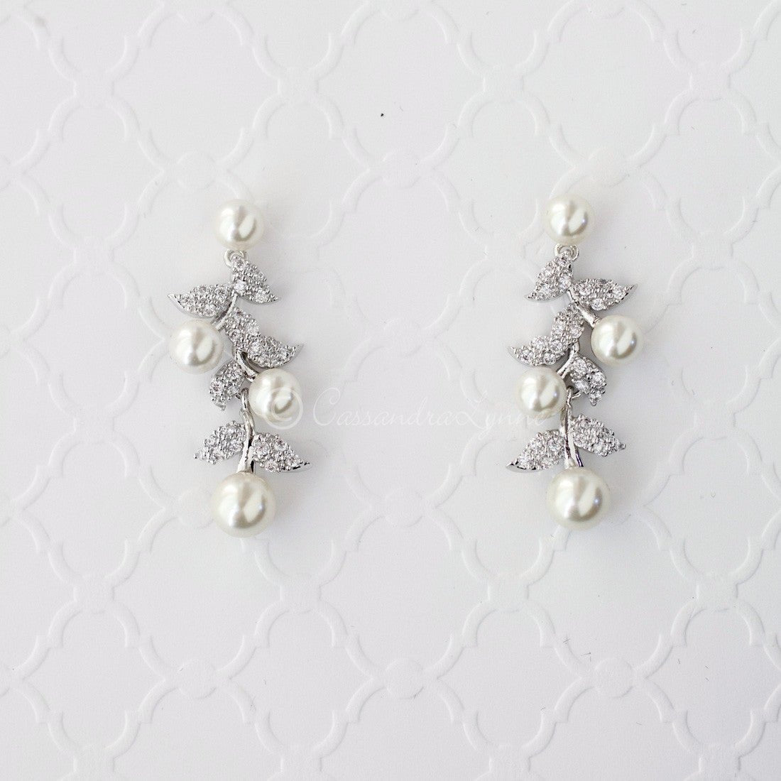 CZ Leaves and Pearls Drop Bridal Earrings - Cassandra Lynne