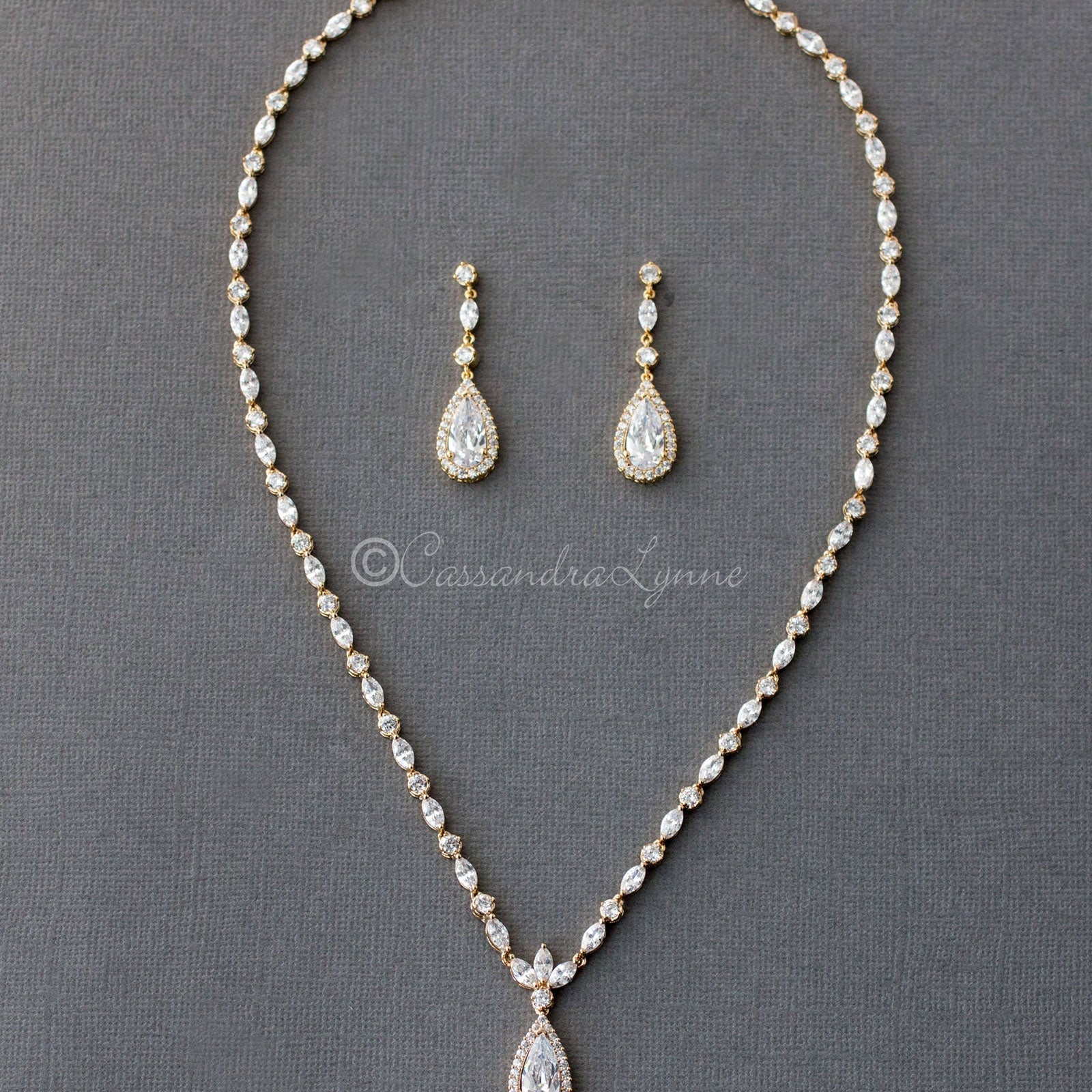 CZ Necklace Set of Delicate Elongated Teardrops - Necklace Set - Cassandra Lynne