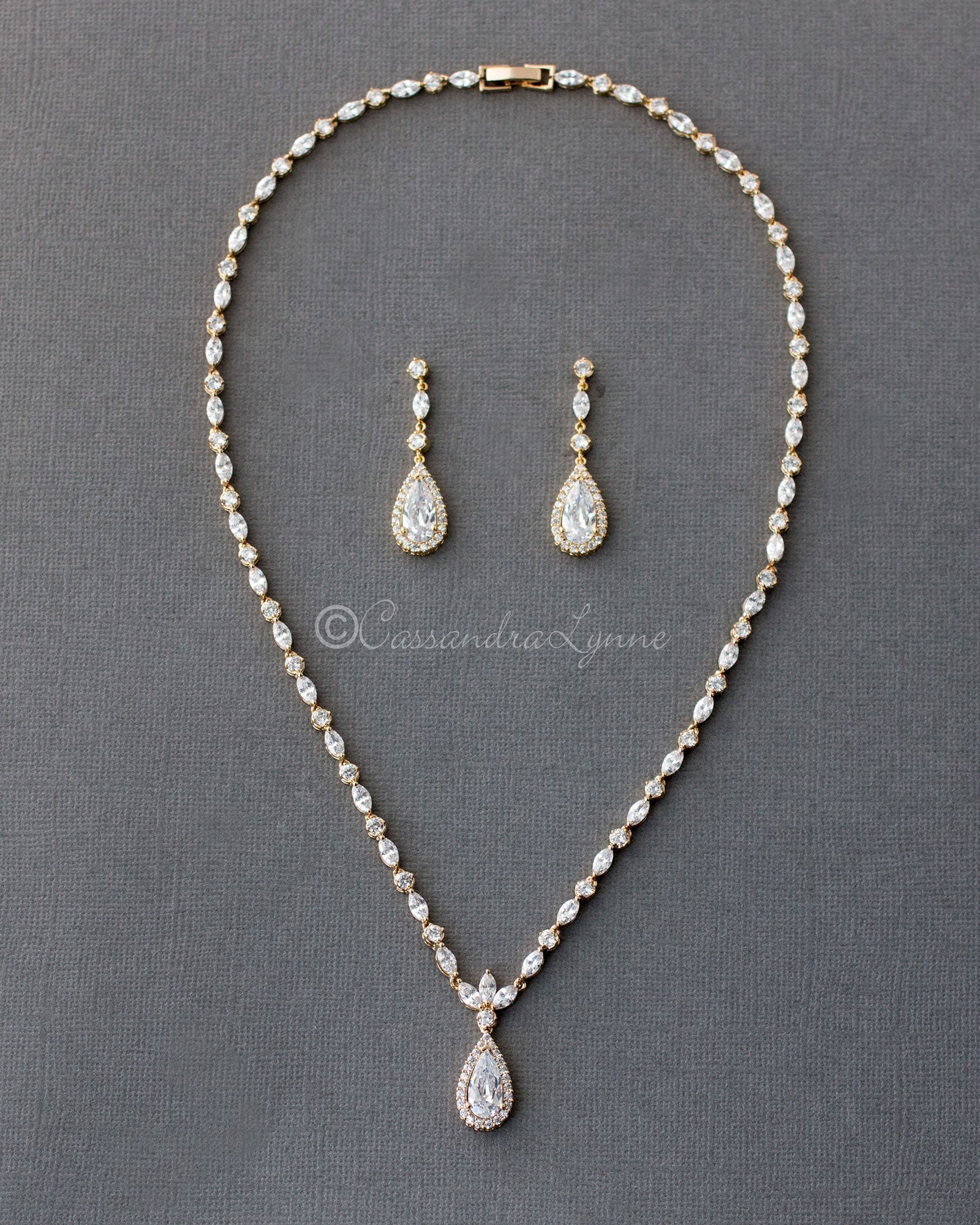 CZ Necklace Set of Delicate Elongated Teardrops - Necklace Set - Cassandra Lynne
