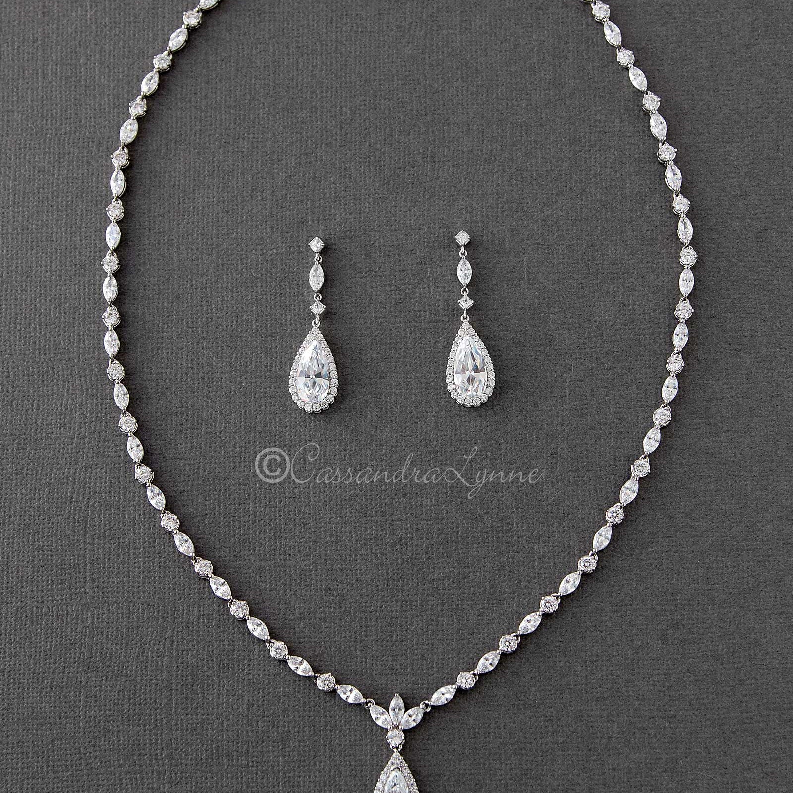 CZ Necklace Set of Delicate Elongated Teardrops - Necklace Set - Cassandra Lynne