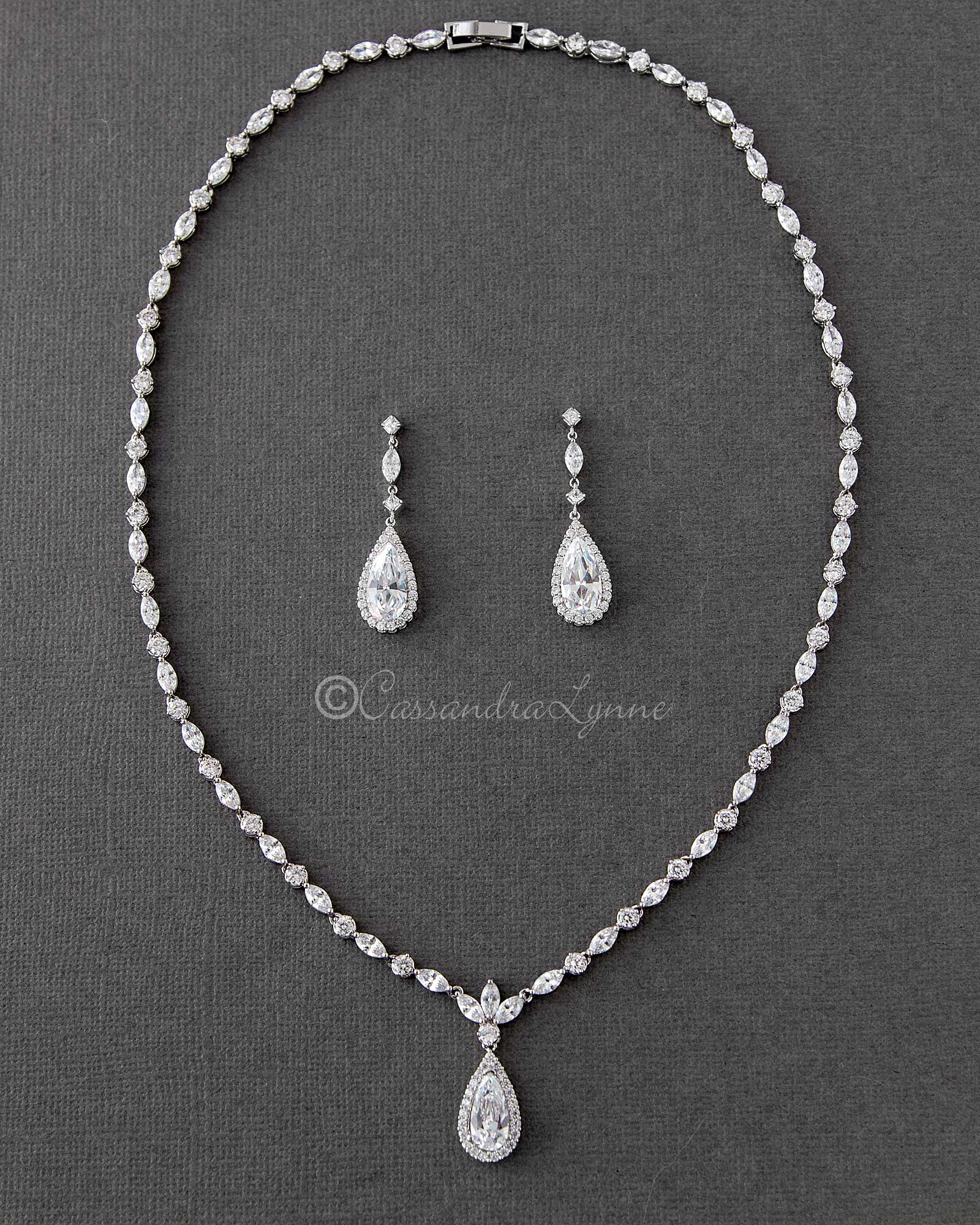 CZ Necklace Set of Delicate Elongated Teardrops - Necklace Set - Cassandra Lynne