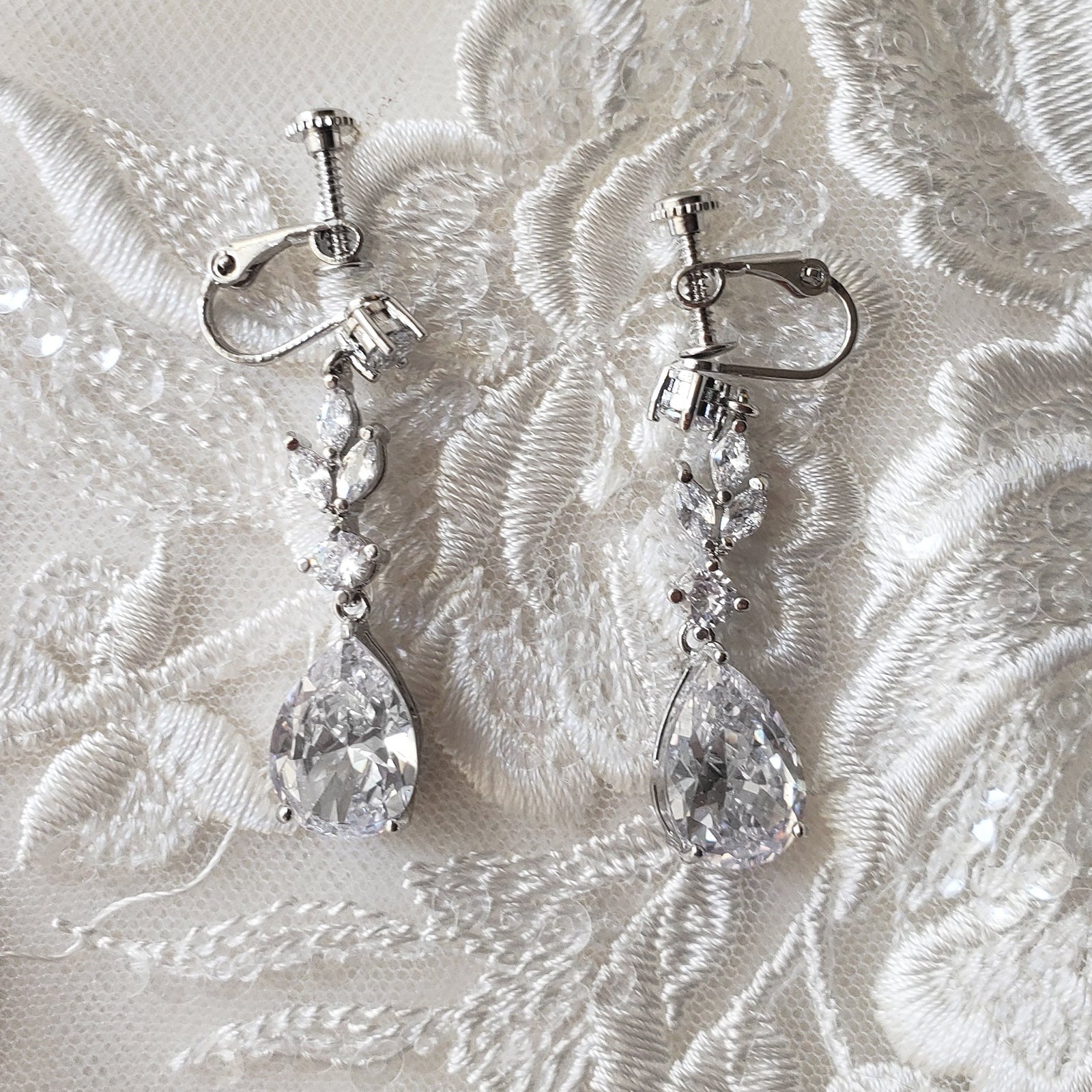 CZ Pear Drop Bridal Earrings Screw Back - Earrings - Cassandra Lynne