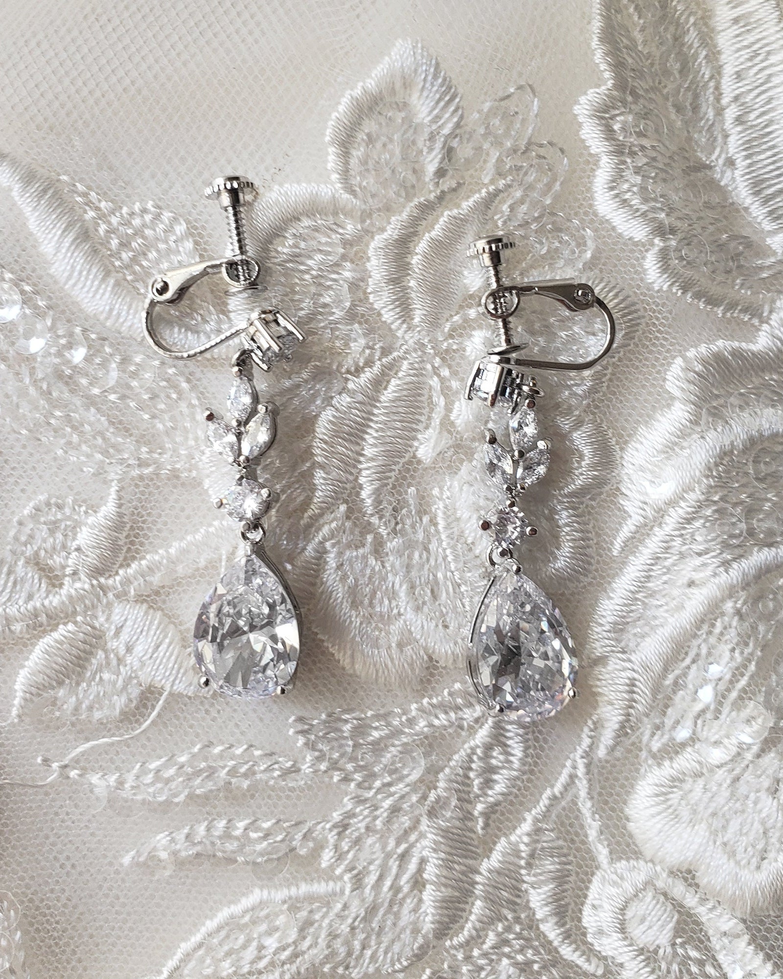 CZ Pear Drop Bridal Earrings Screw Back - Earrings - Cassandra Lynne