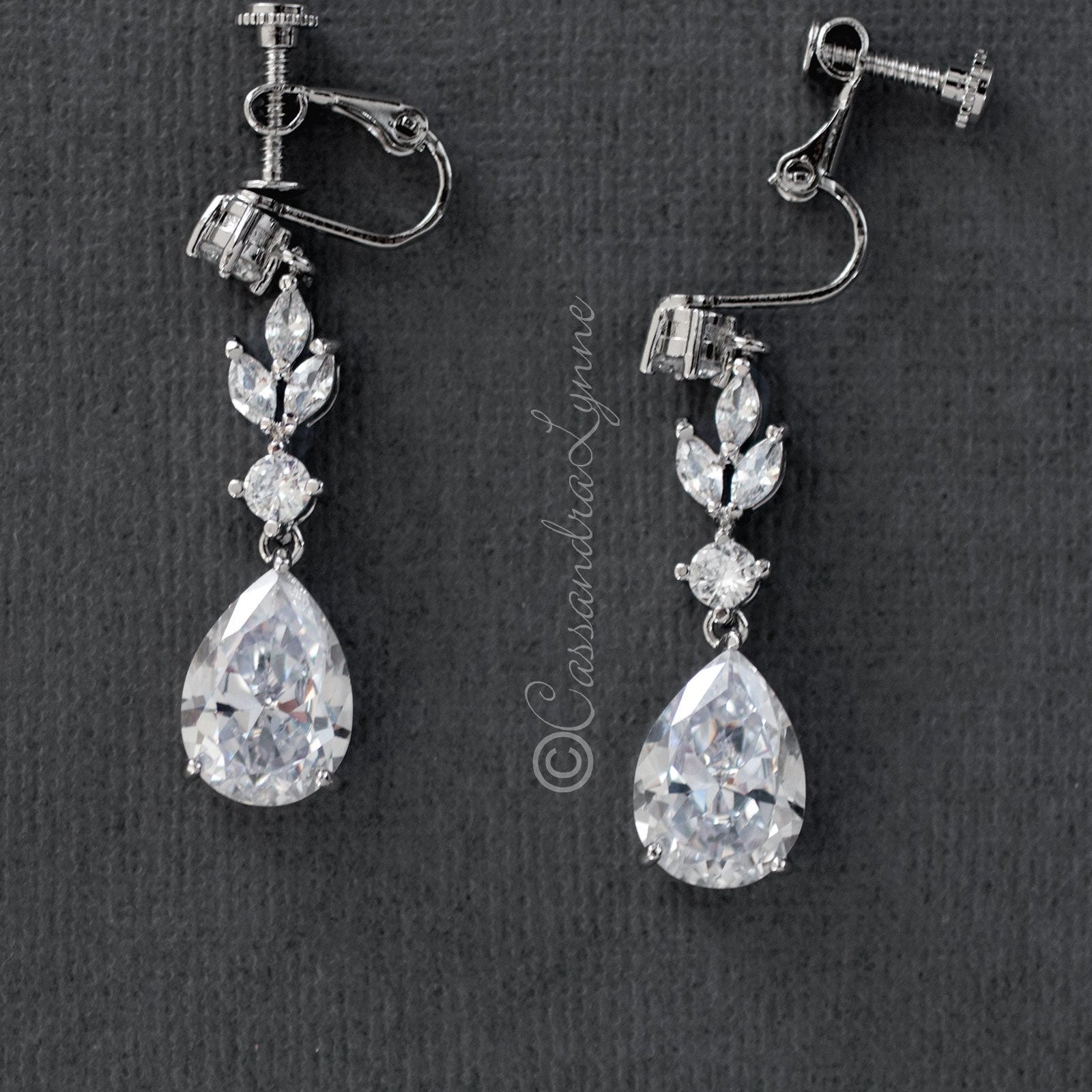 CZ Pear Drop Bridal Earrings Screw Back - Earrings - Cassandra Lynne