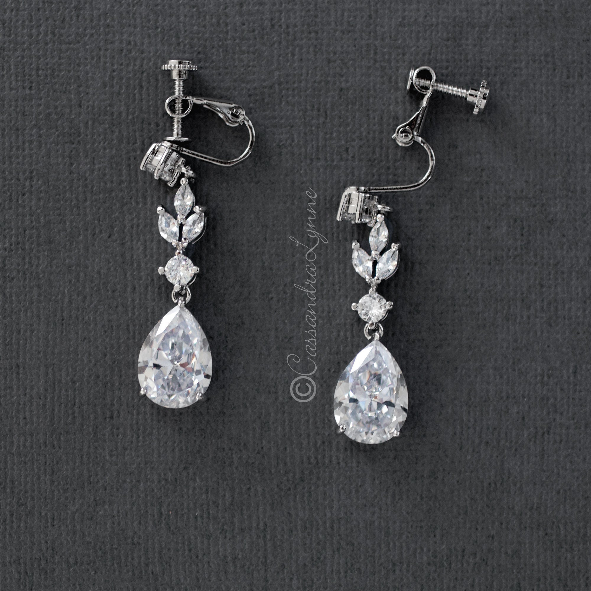CZ Pear Drop Bridal Earrings Screw Back - Earrings - Cassandra Lynne
