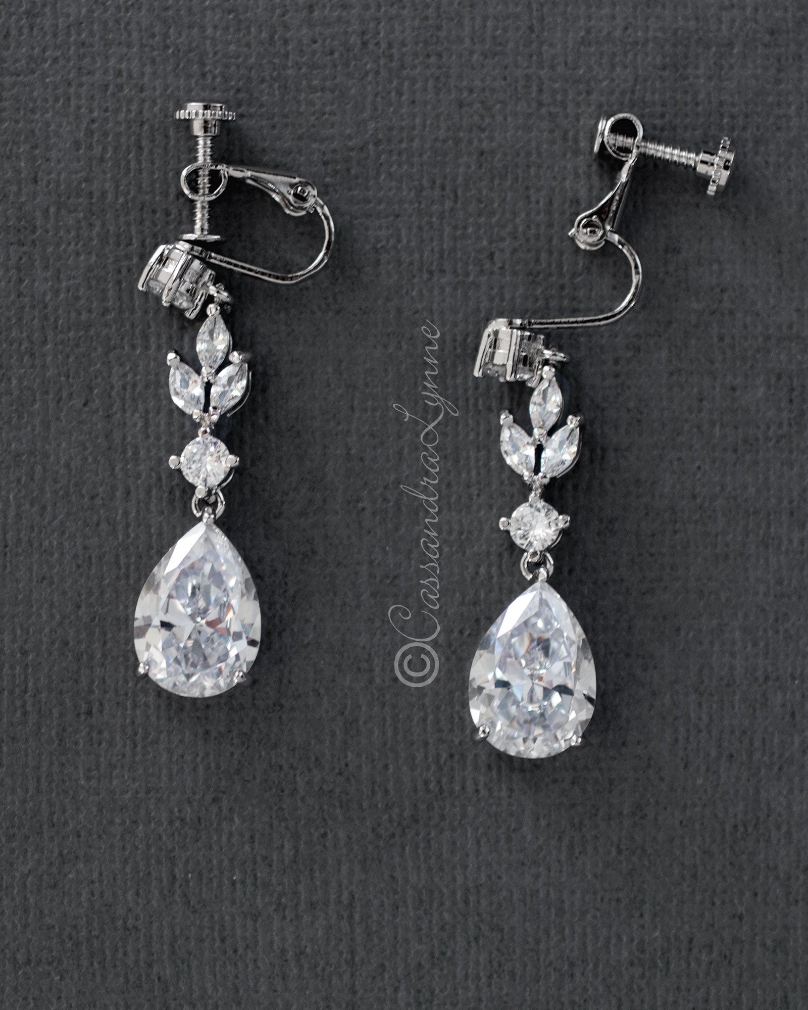 CZ Pear Drop Bridal Earrings Screw Back - Earrings - Cassandra Lynne
