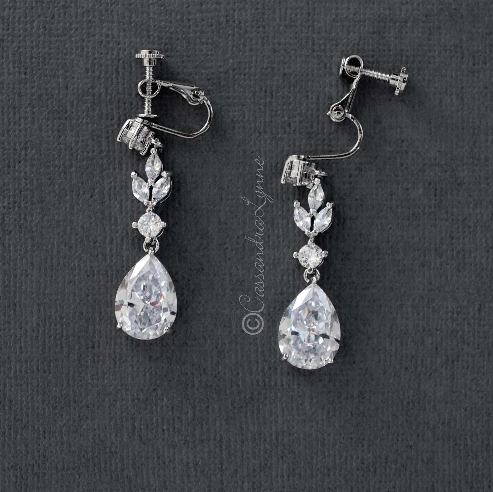 CZ Pear Drop Bridal Earrings Screw Back - Earrings - Cassandra Lynne