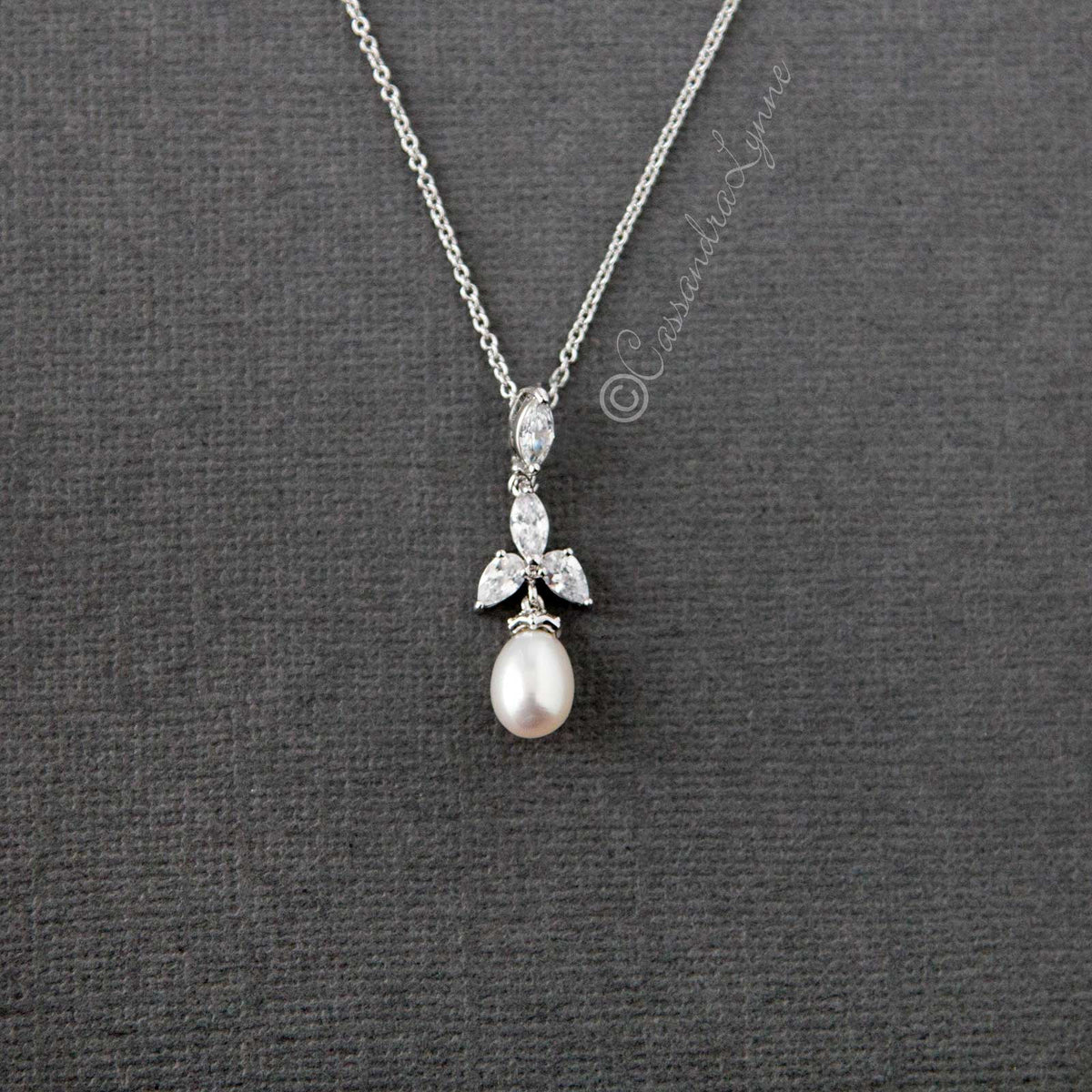 CZ Teardrop Pearl Pendant Necklace - Cassandra Lynne
