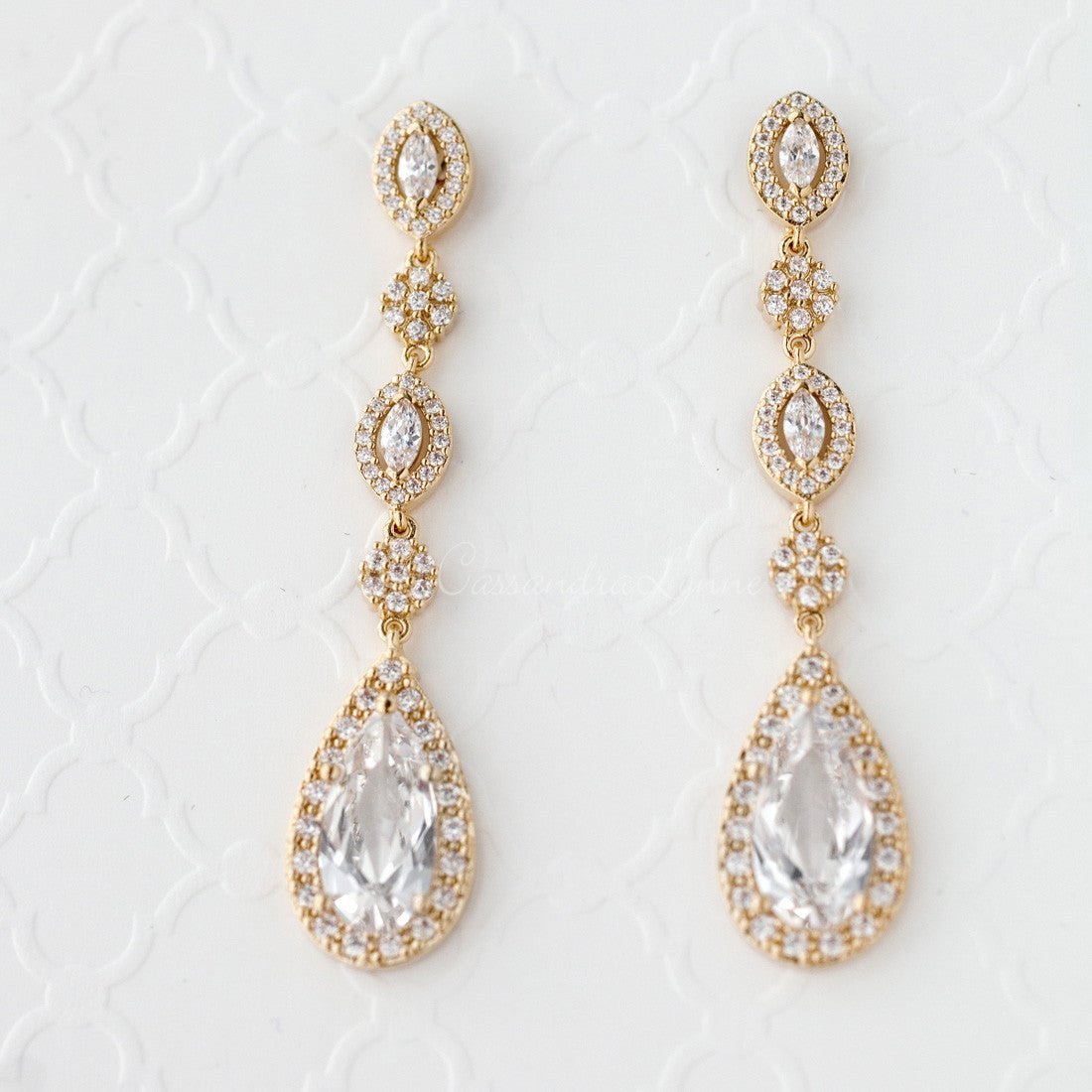 CZ Wedding Earrings of Elongated Teardrops - Earrings - Cassandra Lynne