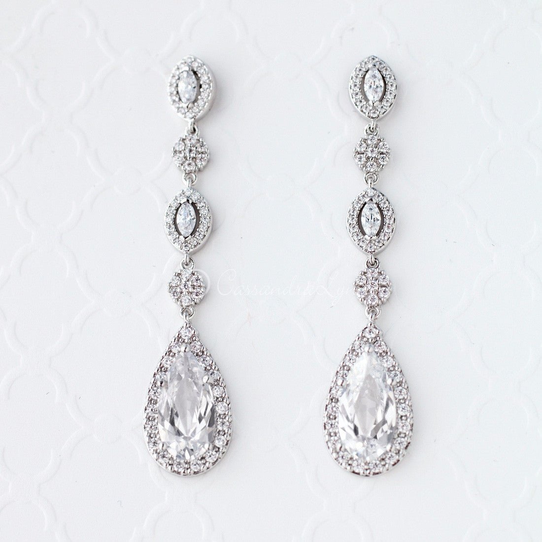 CZ Wedding Earrings of Elongated Teardrops - Earrings - Cassandra Lynne