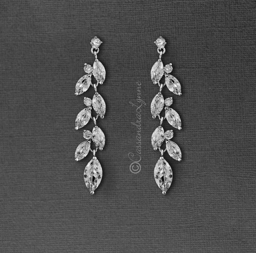 CZ Wedding Earrings with a Marquise Vine Design - Cassandra Lynne