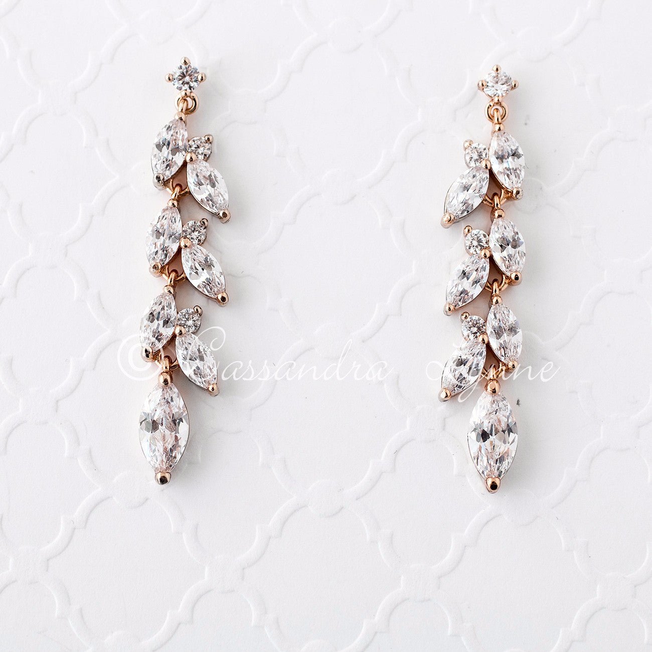 CZ Wedding Earrings with a Marquise Vine Design - Cassandra Lynne