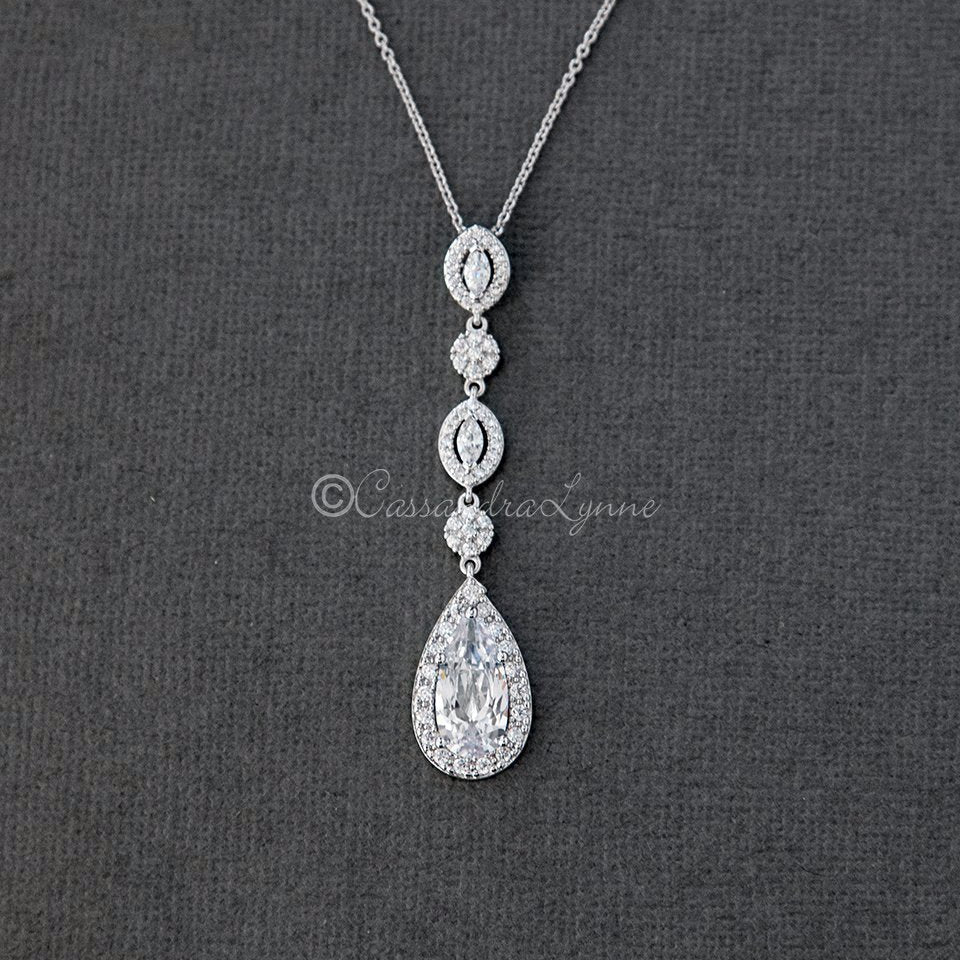 CZ Wedding Necklace Elongated Teardrop - Pendant - Cassandra Lynne