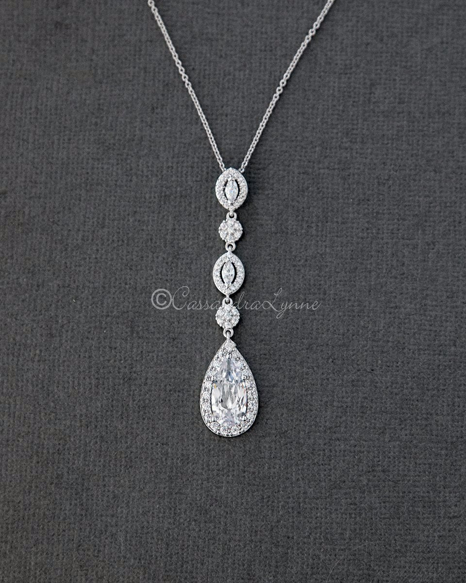 CZ Wedding Necklace Elongated Teardrop - Pendant - Cassandra Lynne