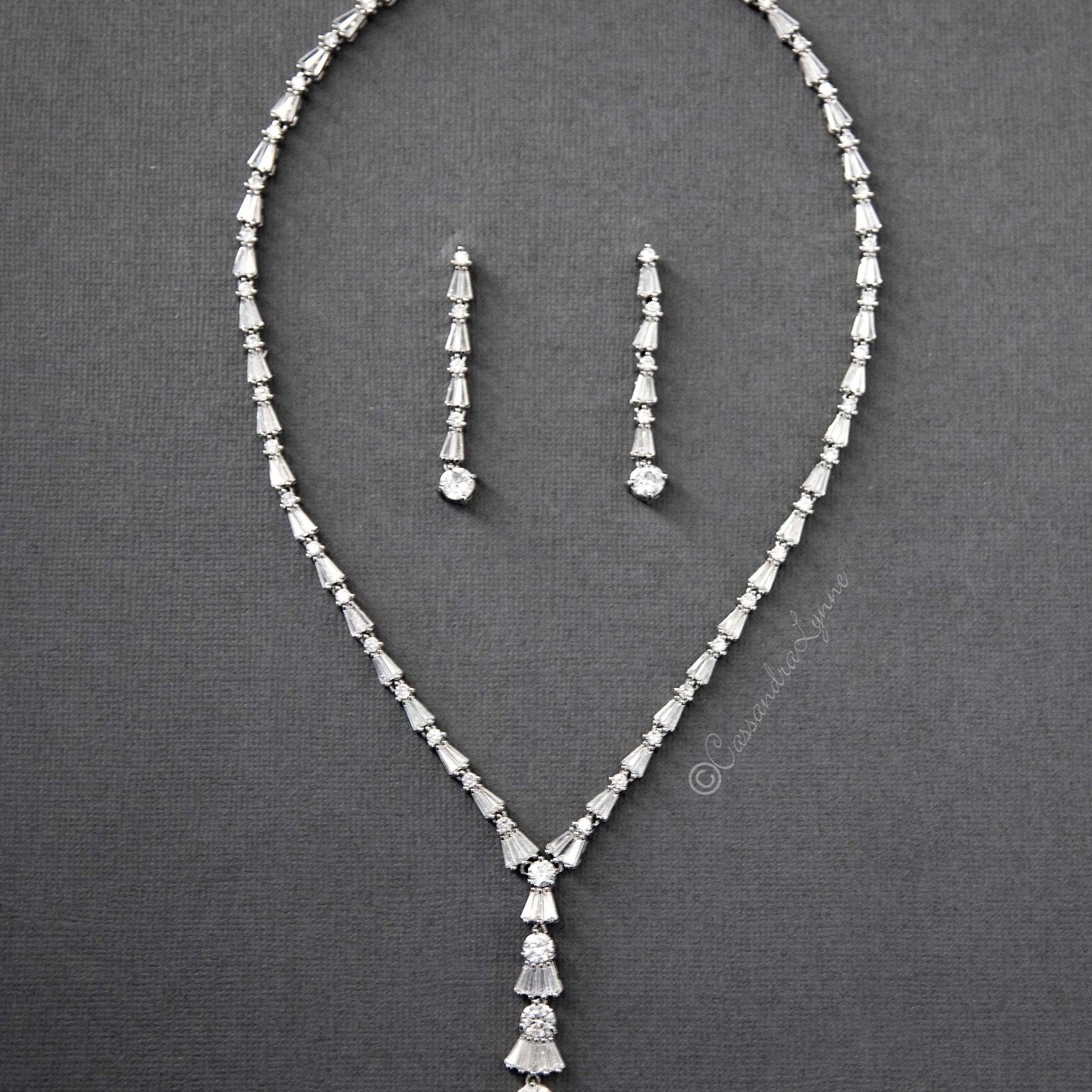 CZ Wedding Necklace with Art Deco Flair - Necklace Set - Cassandra Lynne