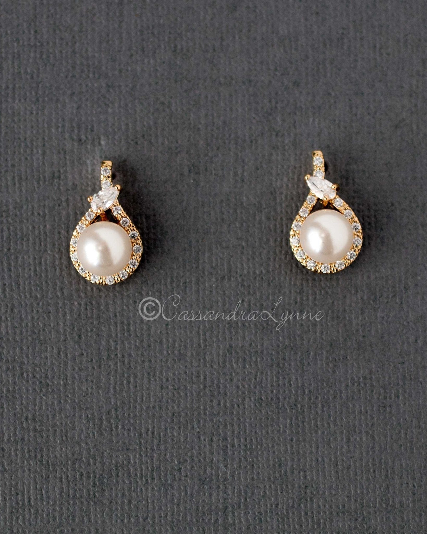 CZ Wrapped Ivory Pearl Stud Earrings - Earrings - Cassandra Lynne