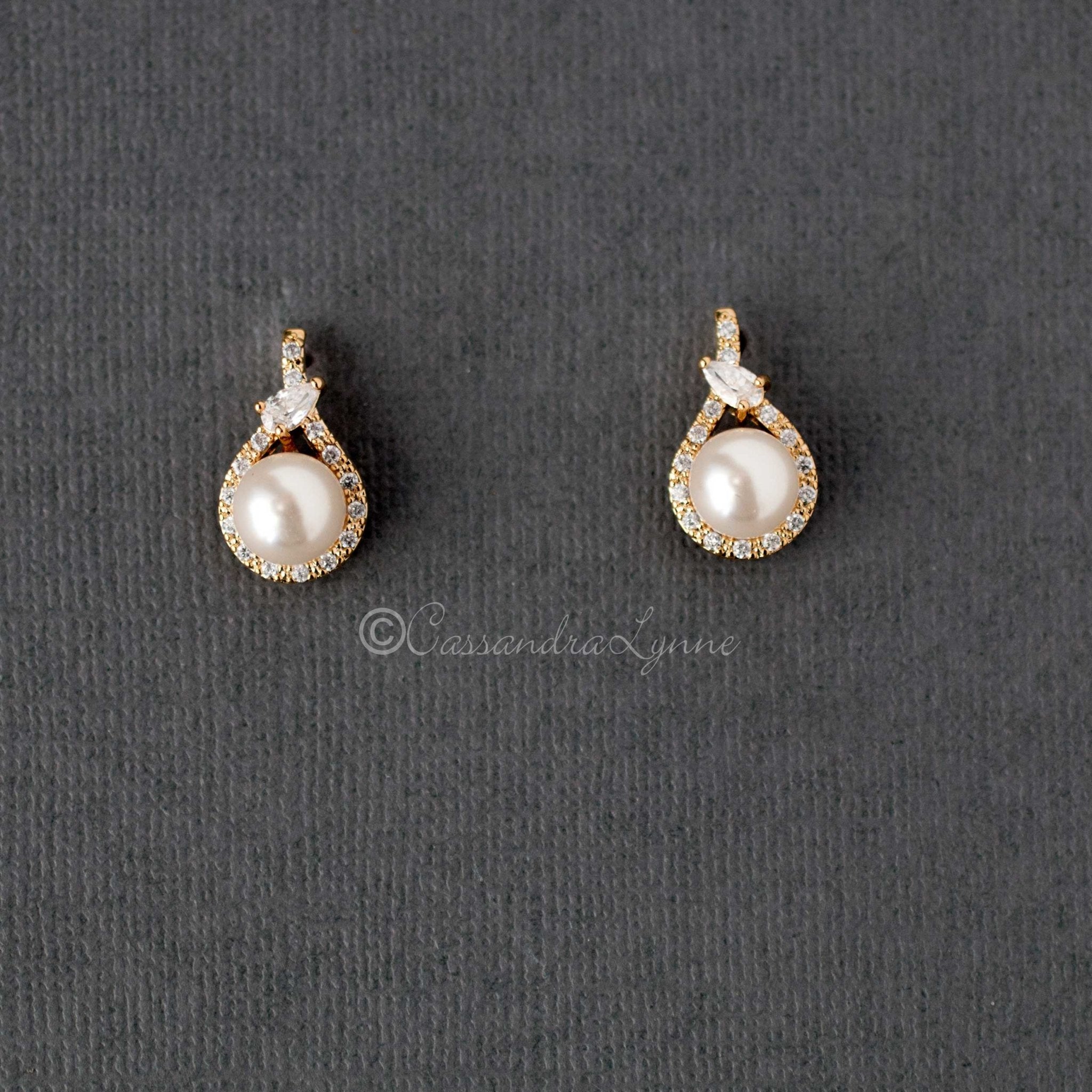 CZ Wrapped Ivory Pearl Stud Earrings - Earrings - Cassandra Lynne