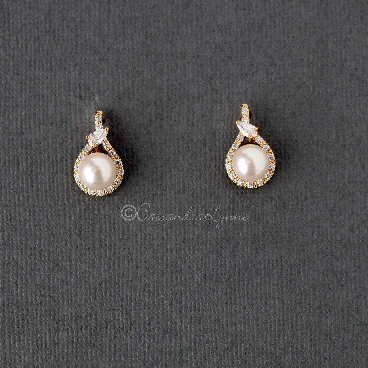 CZ Wrapped Ivory Pearl Stud Earrings - Earrings - Cassandra Lynne