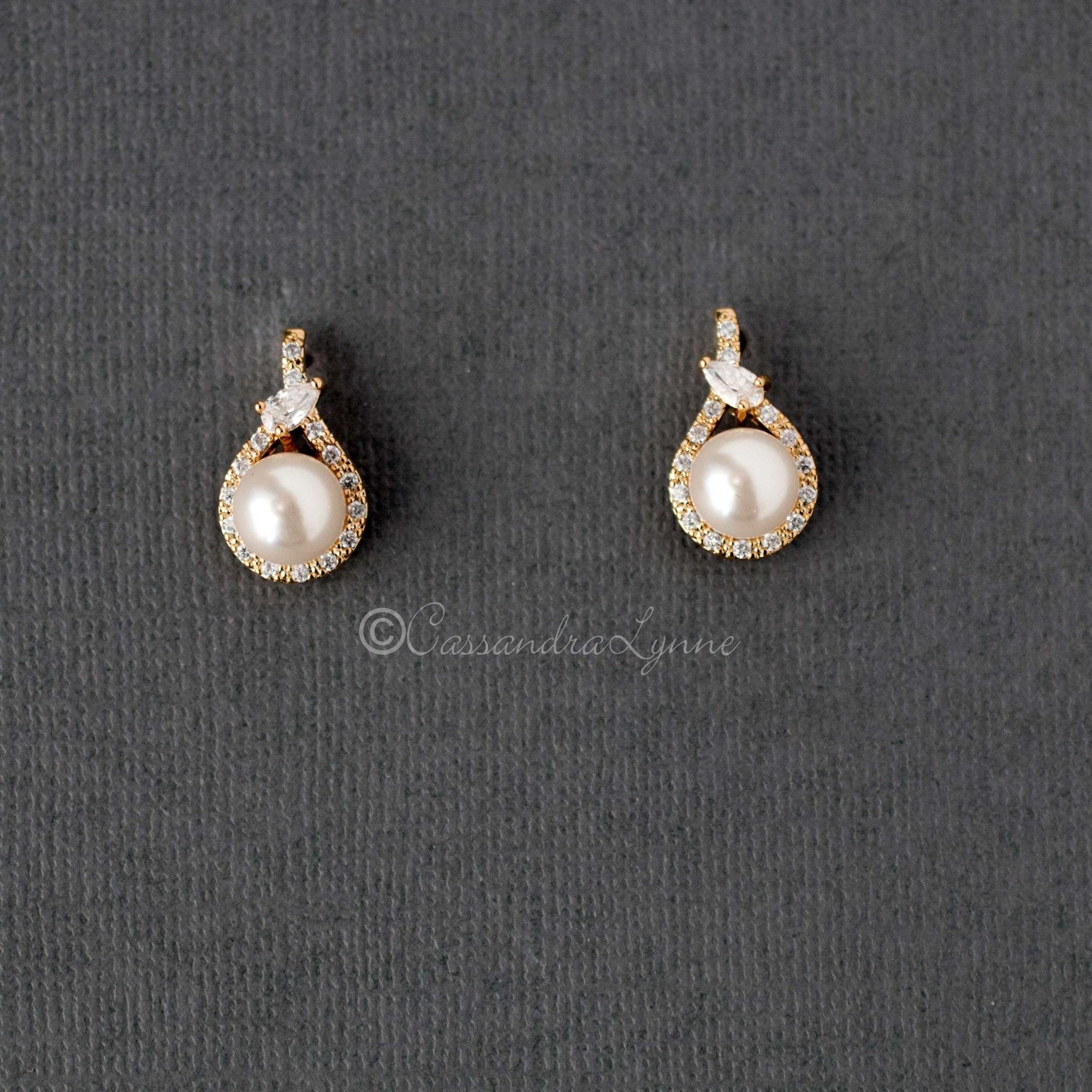 CZ Wrapped Ivory Pearl Stud Earrings - Earrings - Cassandra Lynne