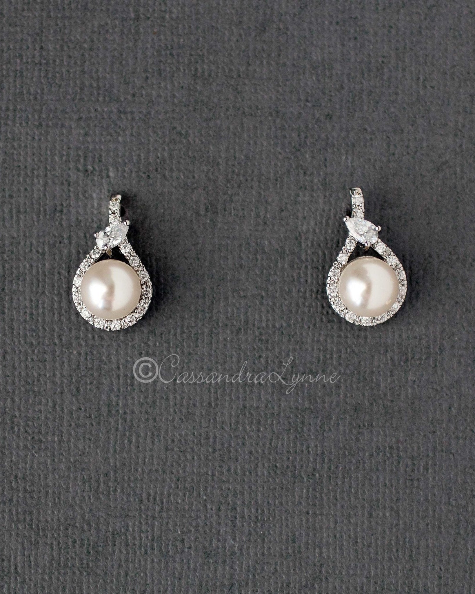 CZ Wrapped Ivory Pearl Stud Earrings - Earrings - Cassandra Lynne