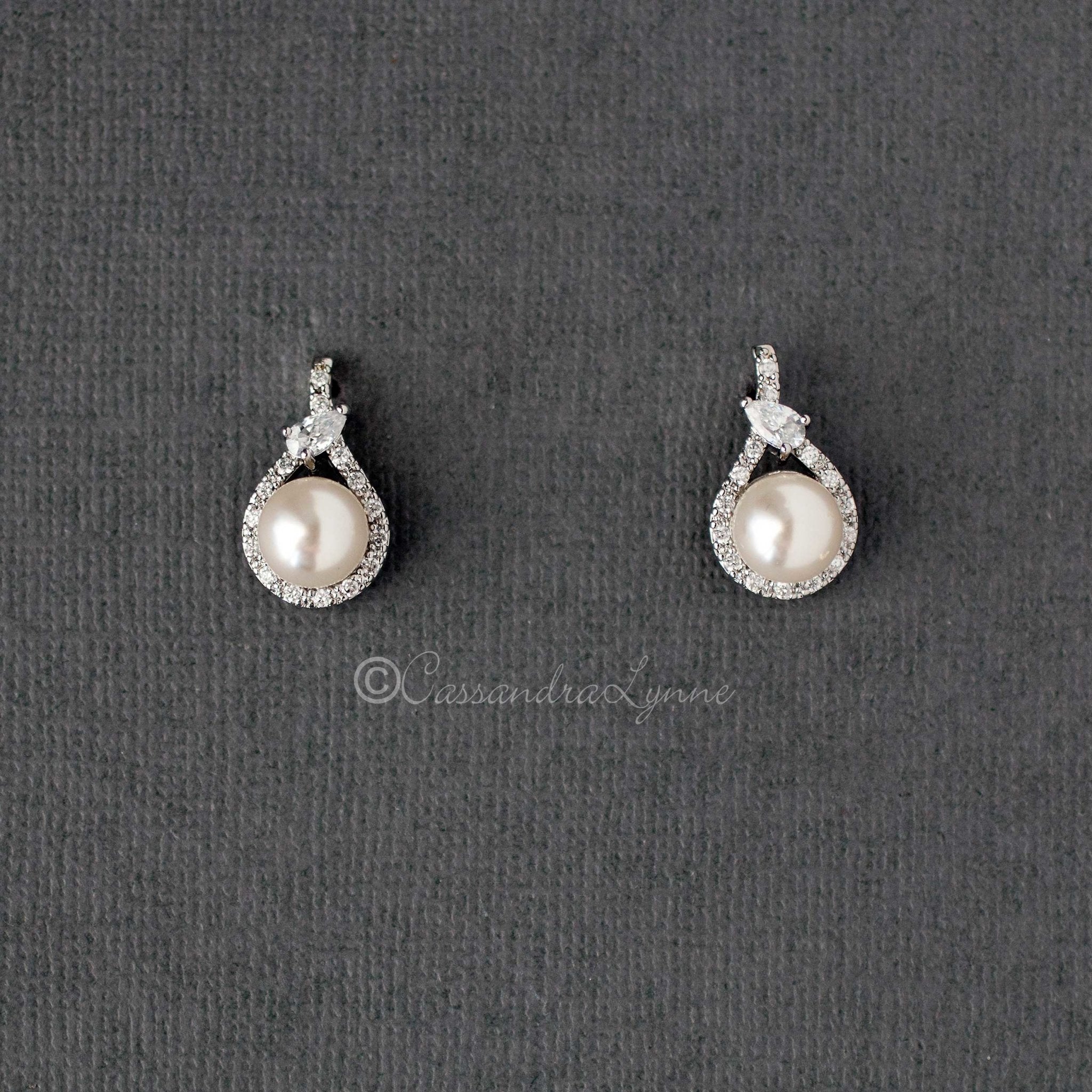 CZ Wrapped Ivory Pearl Stud Earrings - Earrings - Cassandra Lynne