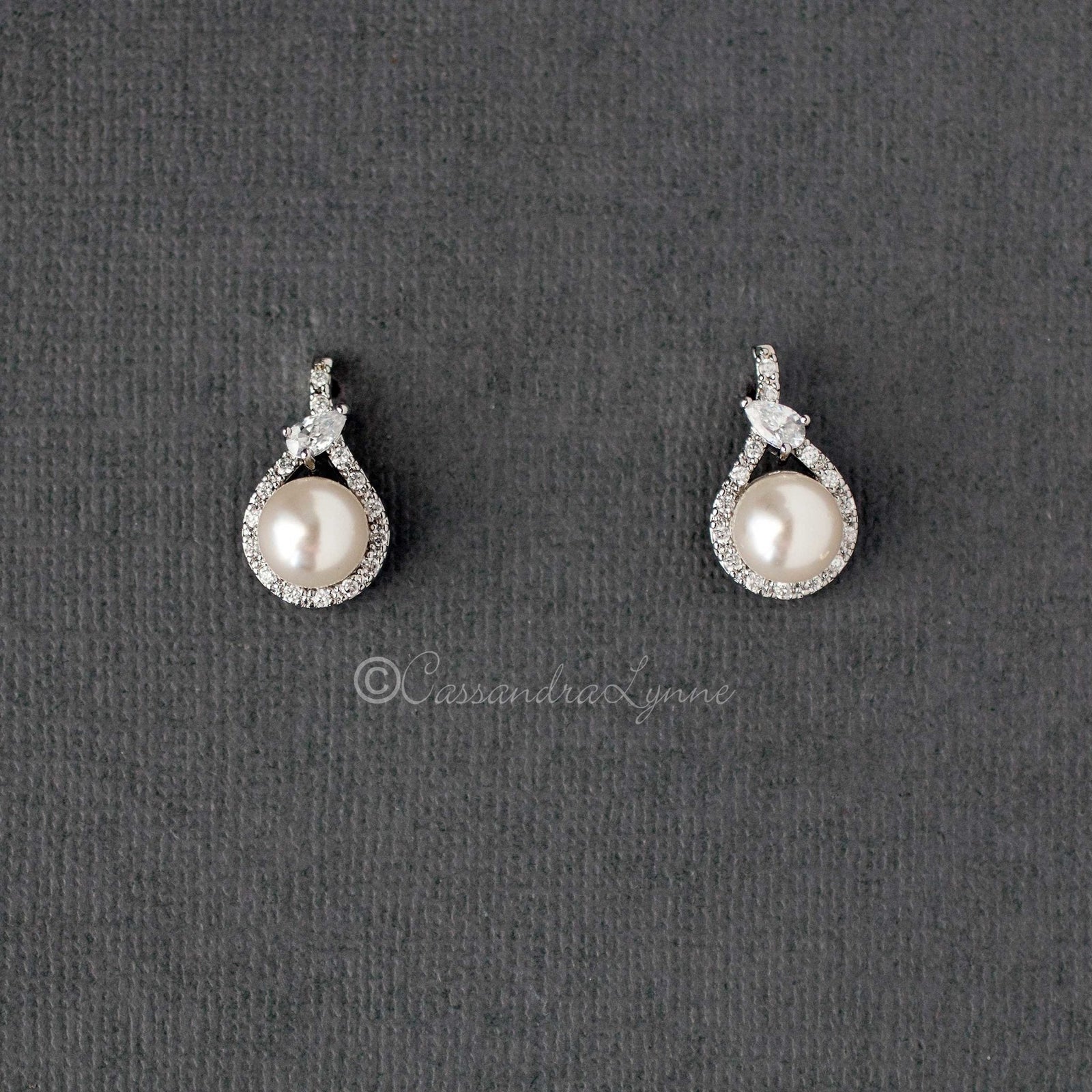 CZ Wrapped Ivory Pearl Stud Earrings - Earrings - Cassandra Lynne