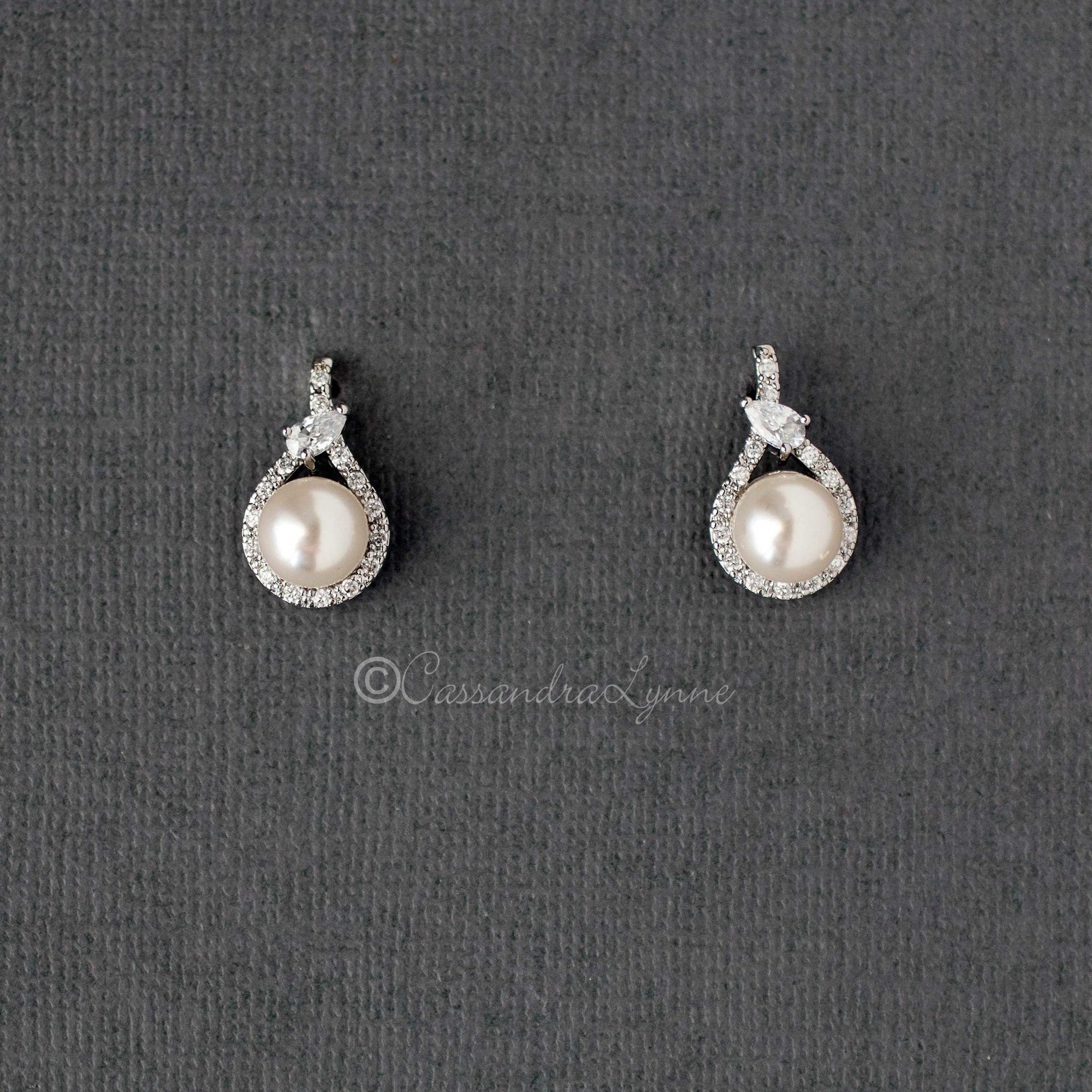 CZ Wrapped Ivory Pearl Stud Earrings - Earrings - Cassandra Lynne