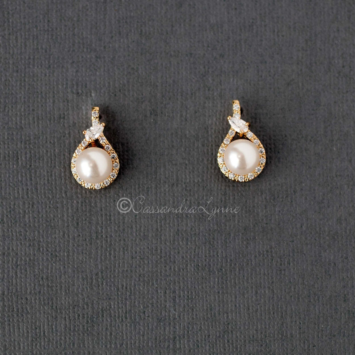CZ Wrapped Ivory Pearl Stud Earrings - Cassandra Lynne