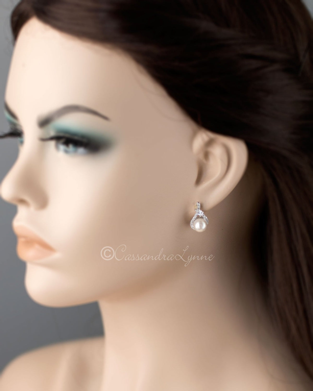 CZ Wrapped Ivory Pearl Stud Earrings - Cassandra Lynne