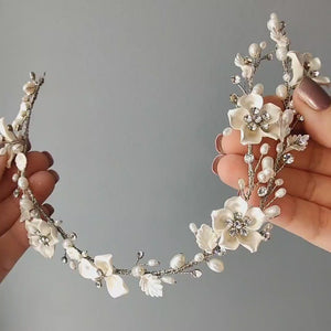 Bridal Headband of Porcelain Luster Flowers