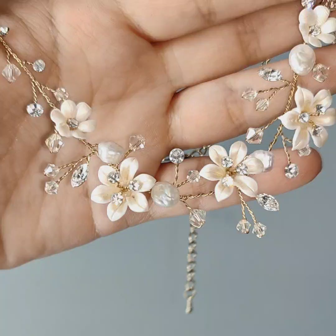 Bridal jewelry, flower necklace - Pearlescent flower and crystal necklace -  Style #2011