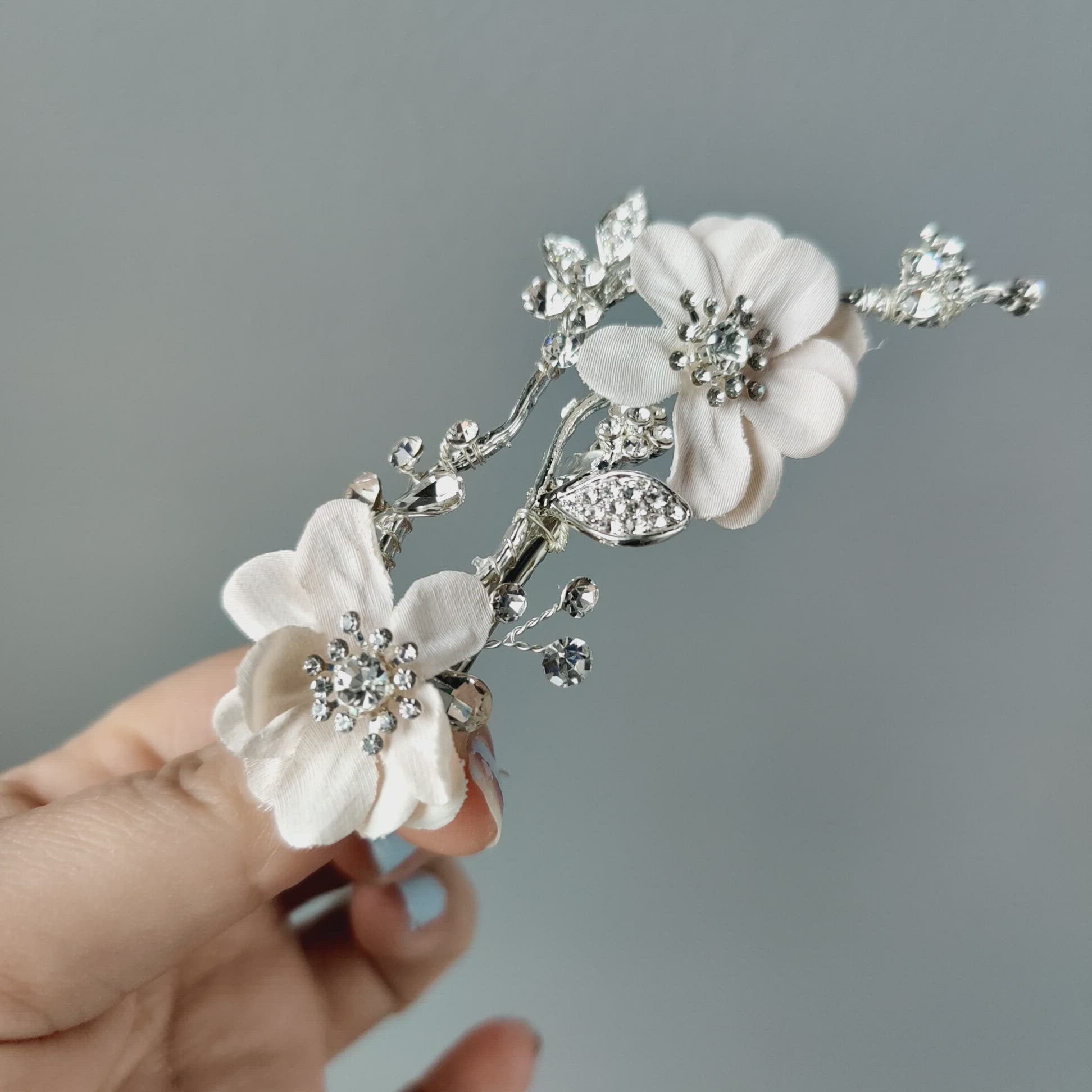 Silver Branch with Ivory Flowers Wedding Clip