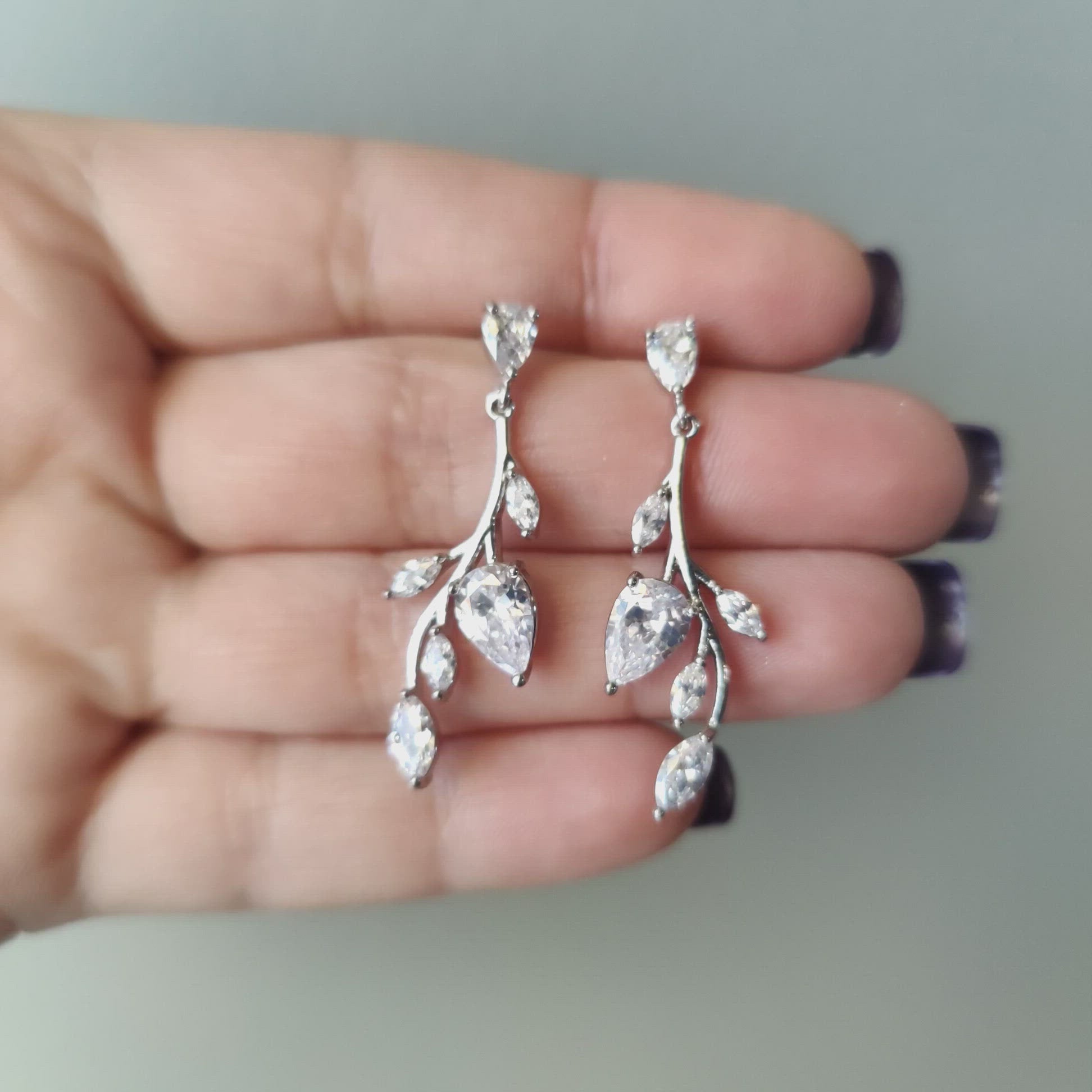 Vine CZ bridal earrings wedding silver
