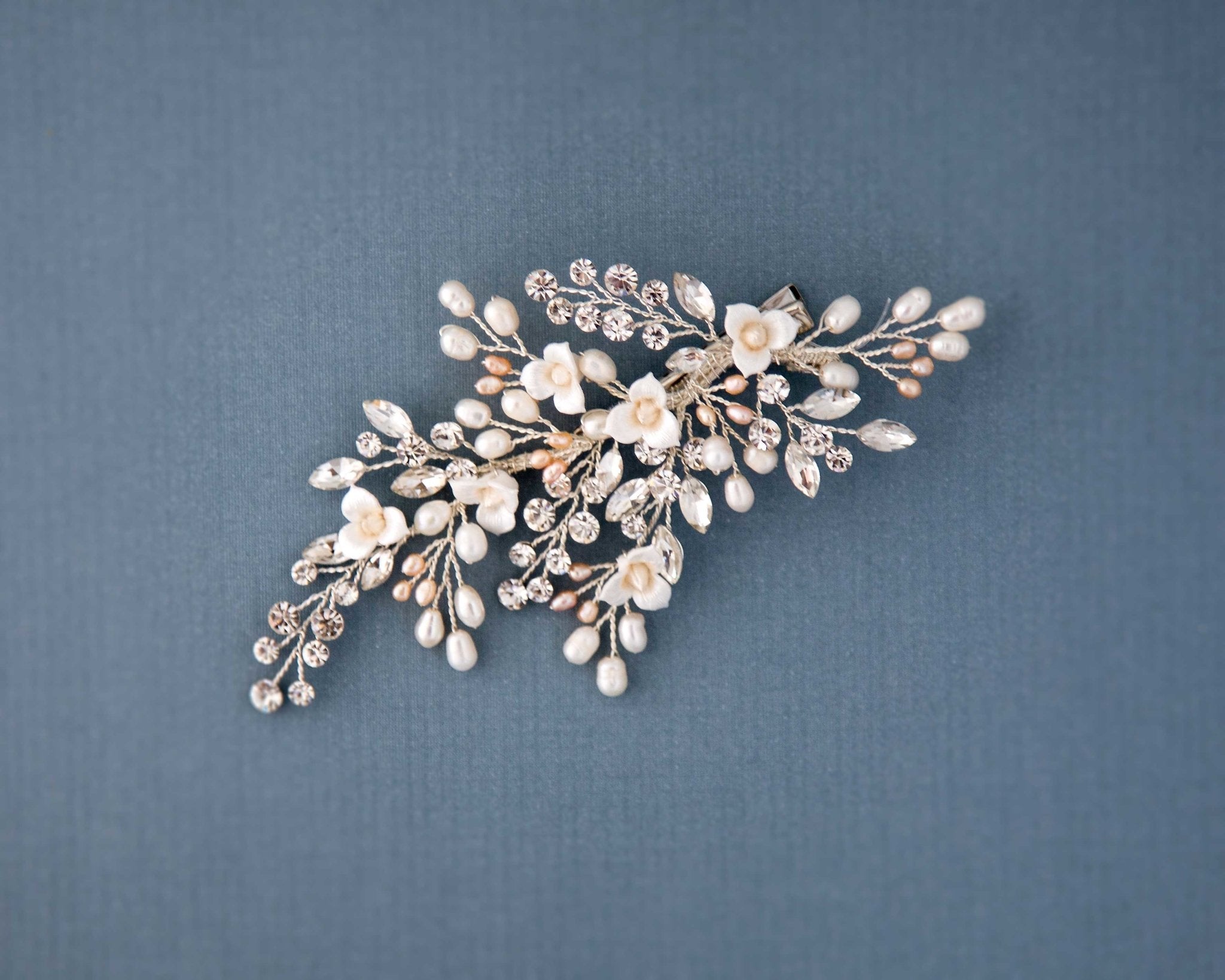 Dainty Porcelain Luster Flower and Freshwater Pearl Clip - Hair Clips - Cassandra Lynne