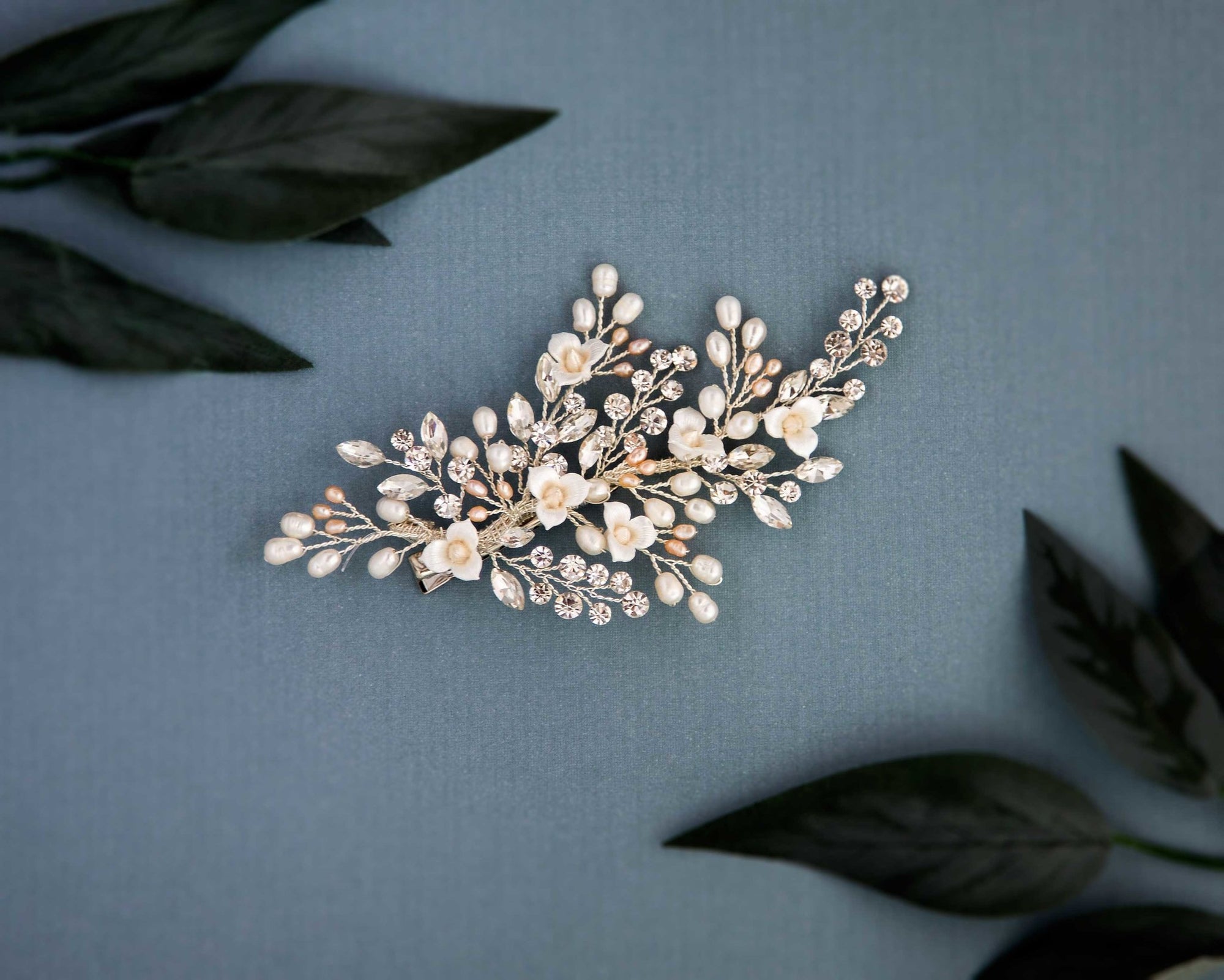 Dainty Porcelain Luster Flower and Freshwater Pearl Clip - Cassandra Lynne