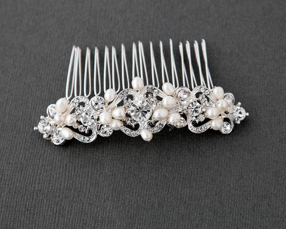 LBBA Crystal Pearl Wedding Hair Comb with Feather Plume & Silk Petals Ostrich Plume Comb / Ivory