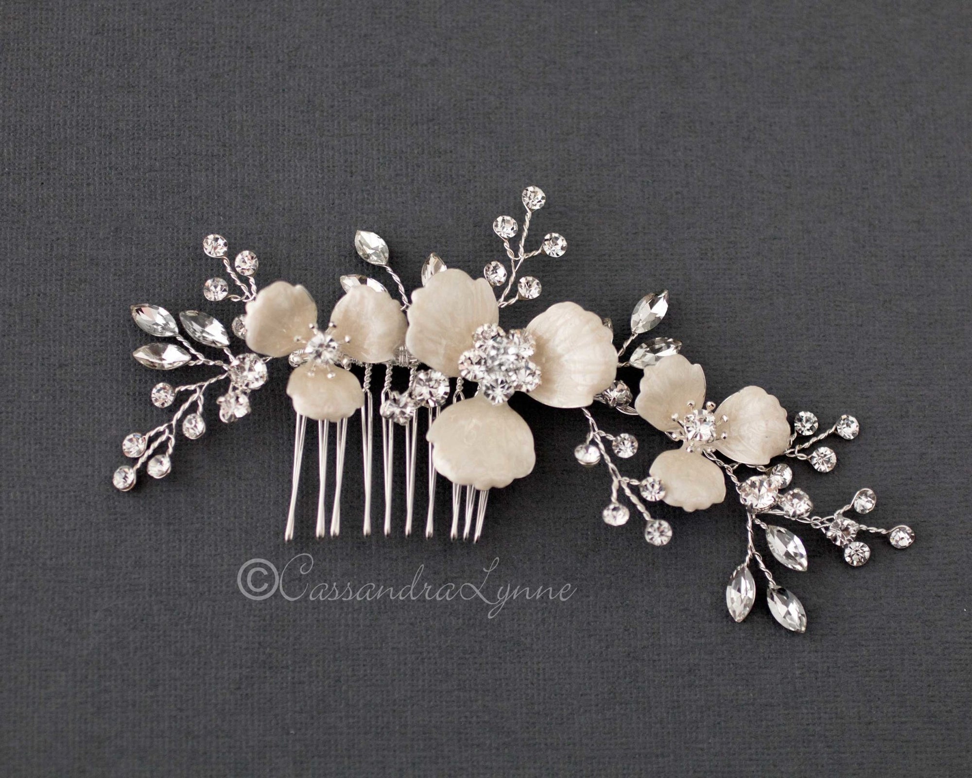 Ivory Flowers Crystal Hair Comb - Cassandra Lynne