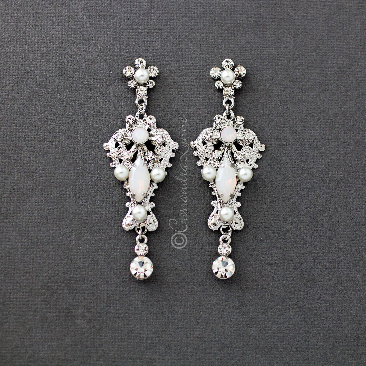 Filigree Opal and Pearl Wedding Earrings - Cassandra Lynne