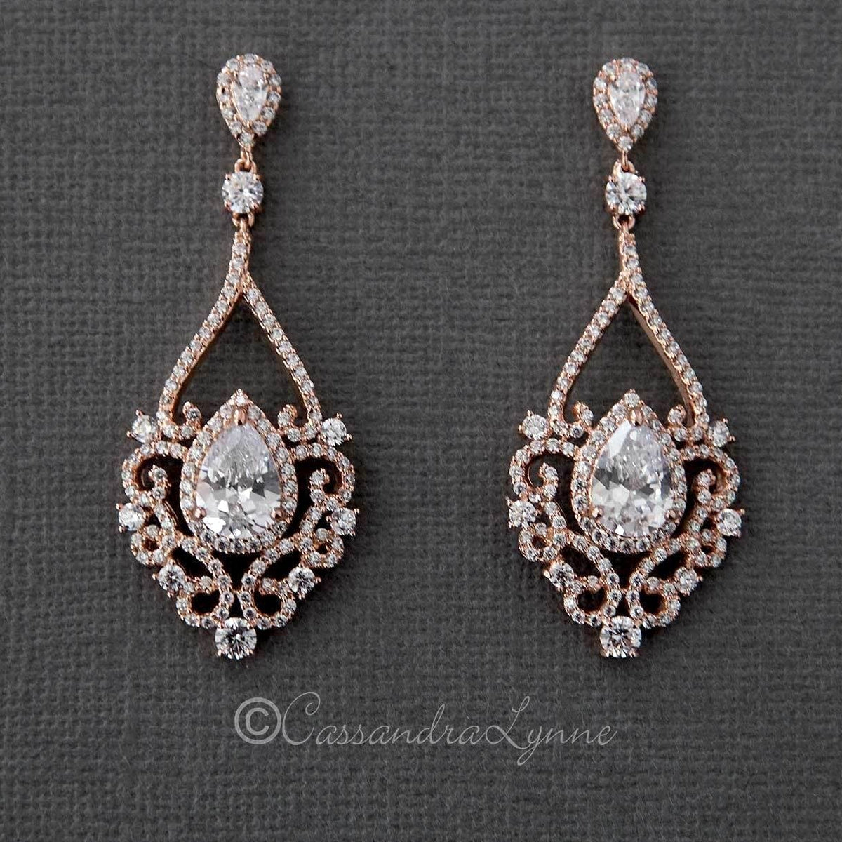 Filigree Wedding Earrings with Pear CZ - Earrings - Cassandra Lynne